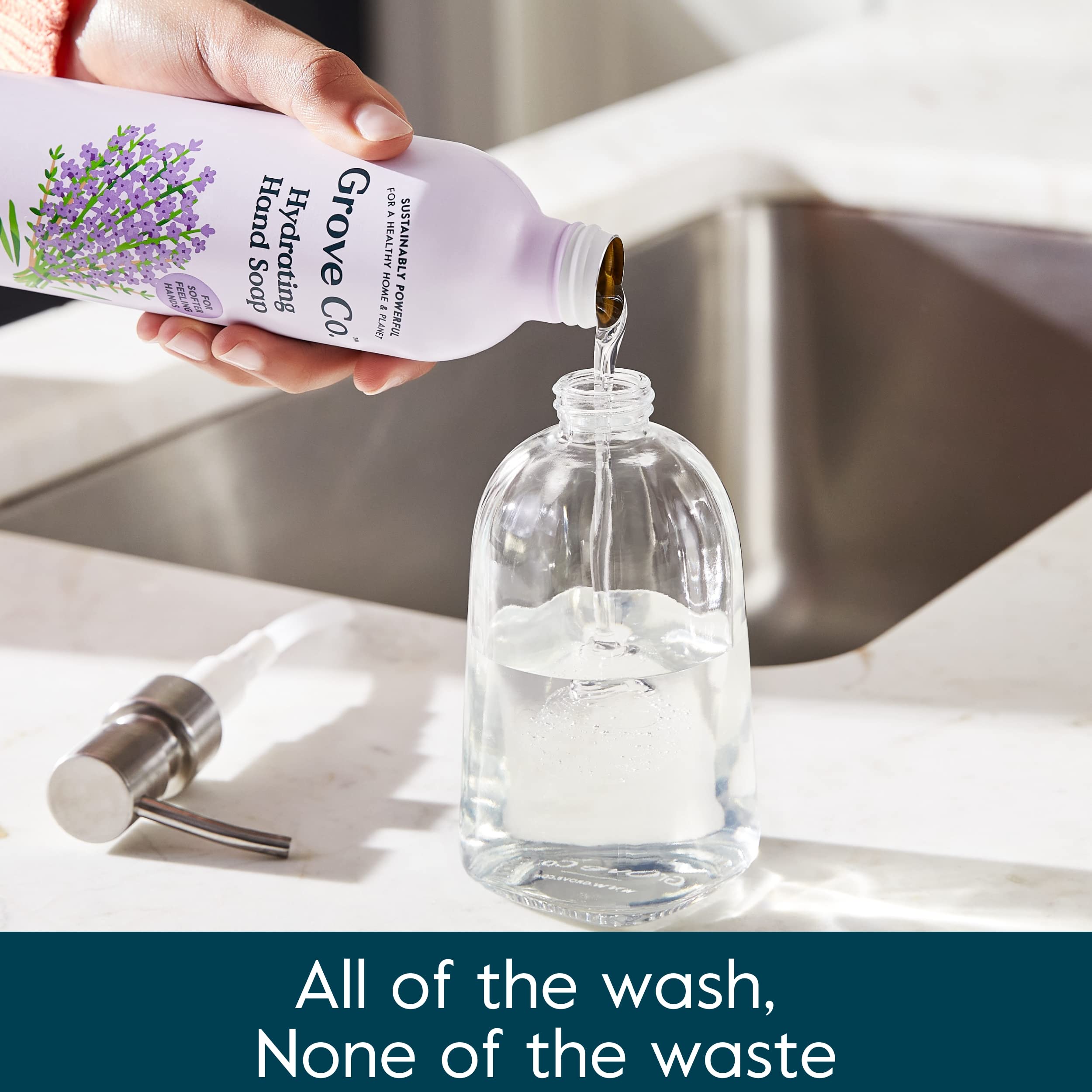 Grove Co. Hydrating Hand Soap Refills (2x13 oz) + Reusable Glass Dispenser – Lavender Blossom & Thyme