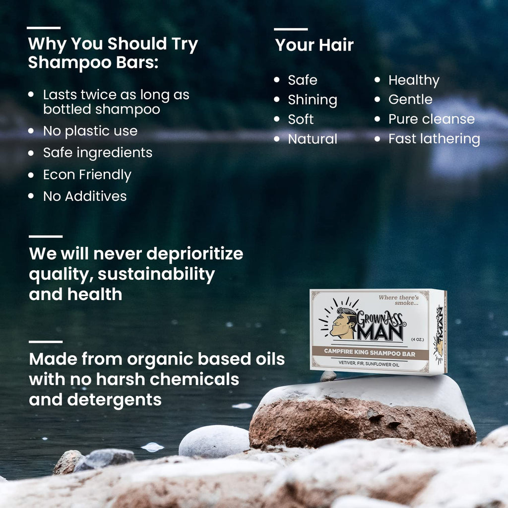 Grown Ass Man Co. Campfire King 3-in-1 Solid Shampoo Bar – Hair, Beard & Body, Plastic-Free, 4oz (3-Pack)