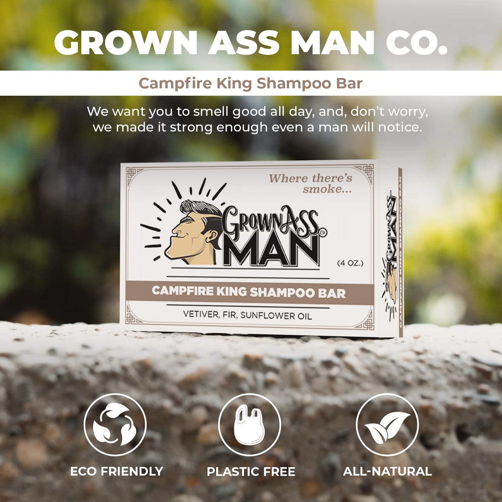 Grown Ass Man Co. Campfire King Solid Shampoo Bar – 3-in-1 Hair, Beard & Body Wash, Plastic Free, 4oz (6-Pack)