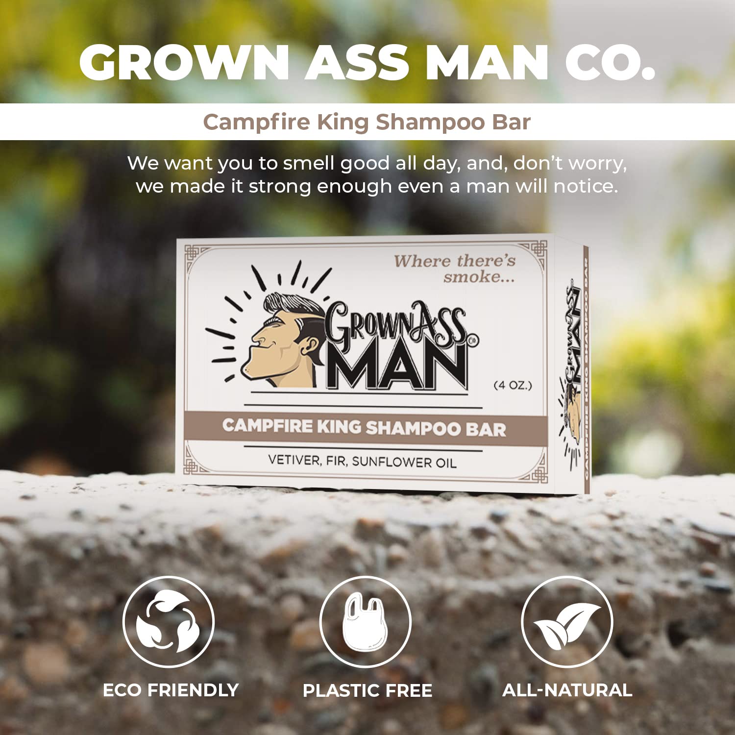 Grown Ass Man Co. Campfire King Solid Shampoo Bar – 3-in-1 Hair, Beard & Body Wash, Plastic Free, 4oz (6-Pack)