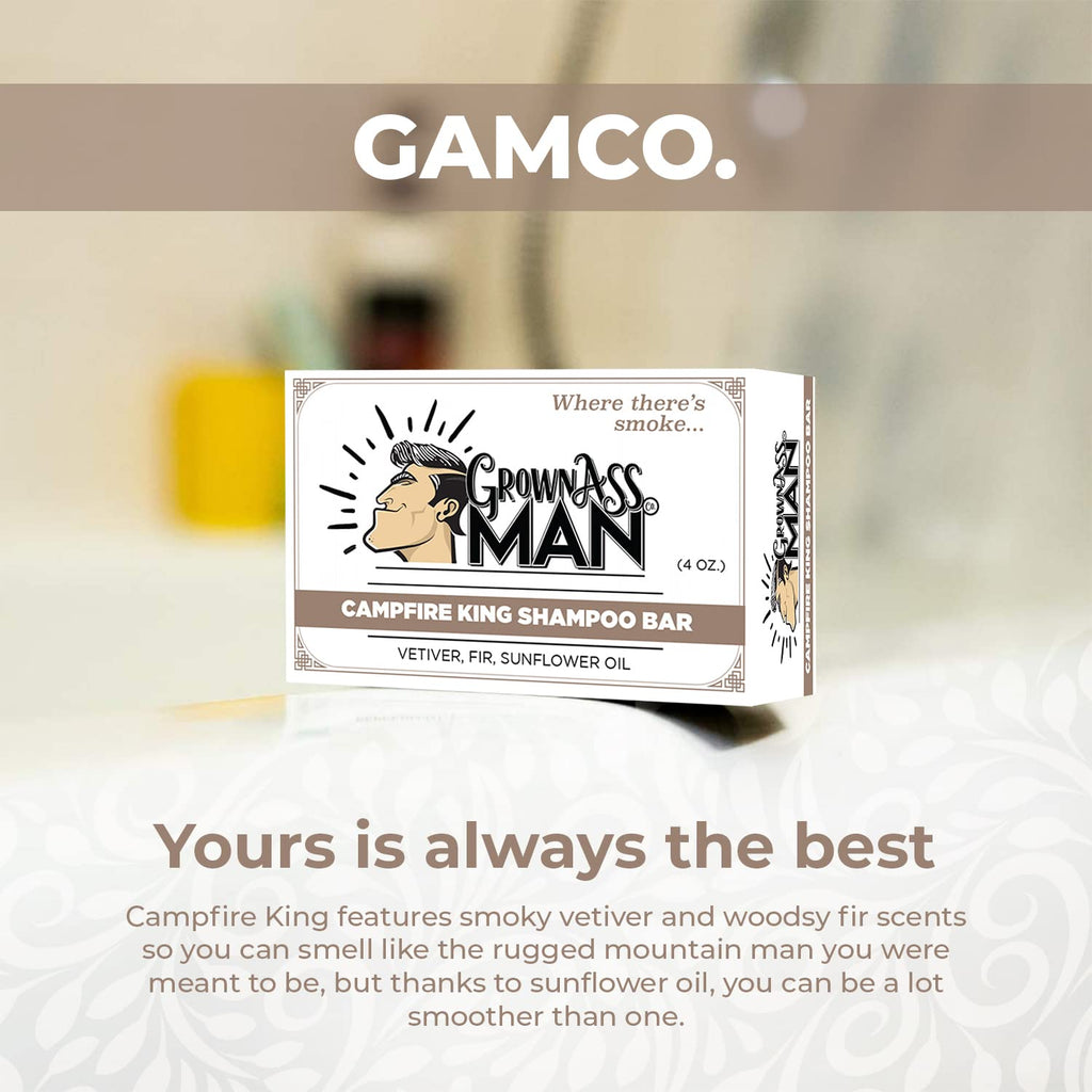 Grown Ass Man Co. Campfire King 3-in-1 Solid Shampoo Bar – Hair, Beard & Body, Plastic-Free, 4oz (3-Pack)