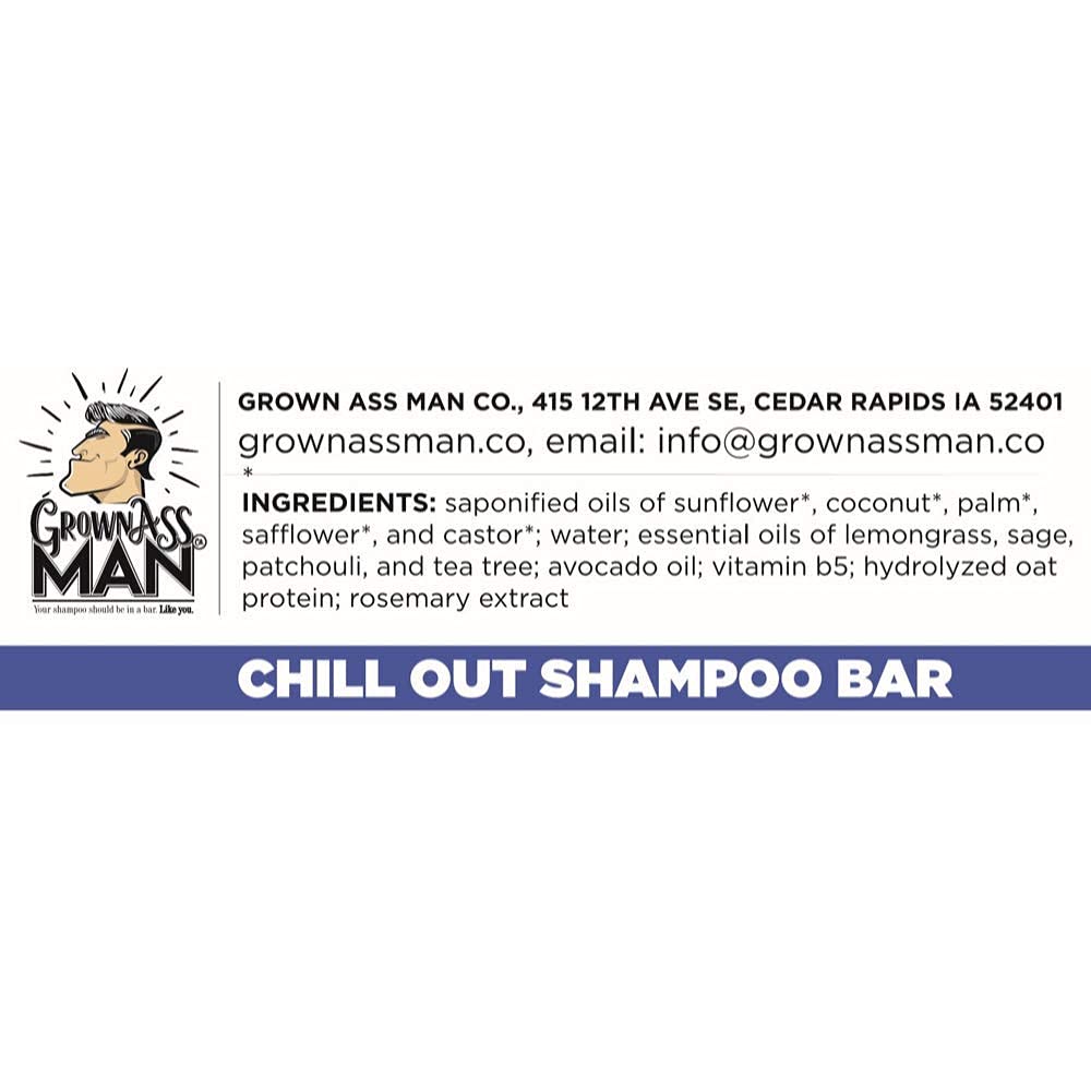 Grown Ass Man Co. Solid Shampoo Bar 3-in-1 – Hair, Beard & Body Wash, Plastic Free, 4oz (Chill Out)