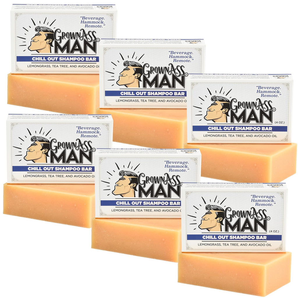 Grown Ass Man Co. Solid Shampoo Bar 3-in-1 – Hair, Beard & Body (4oz) | Plastic Free, Chill Out 6-Pack