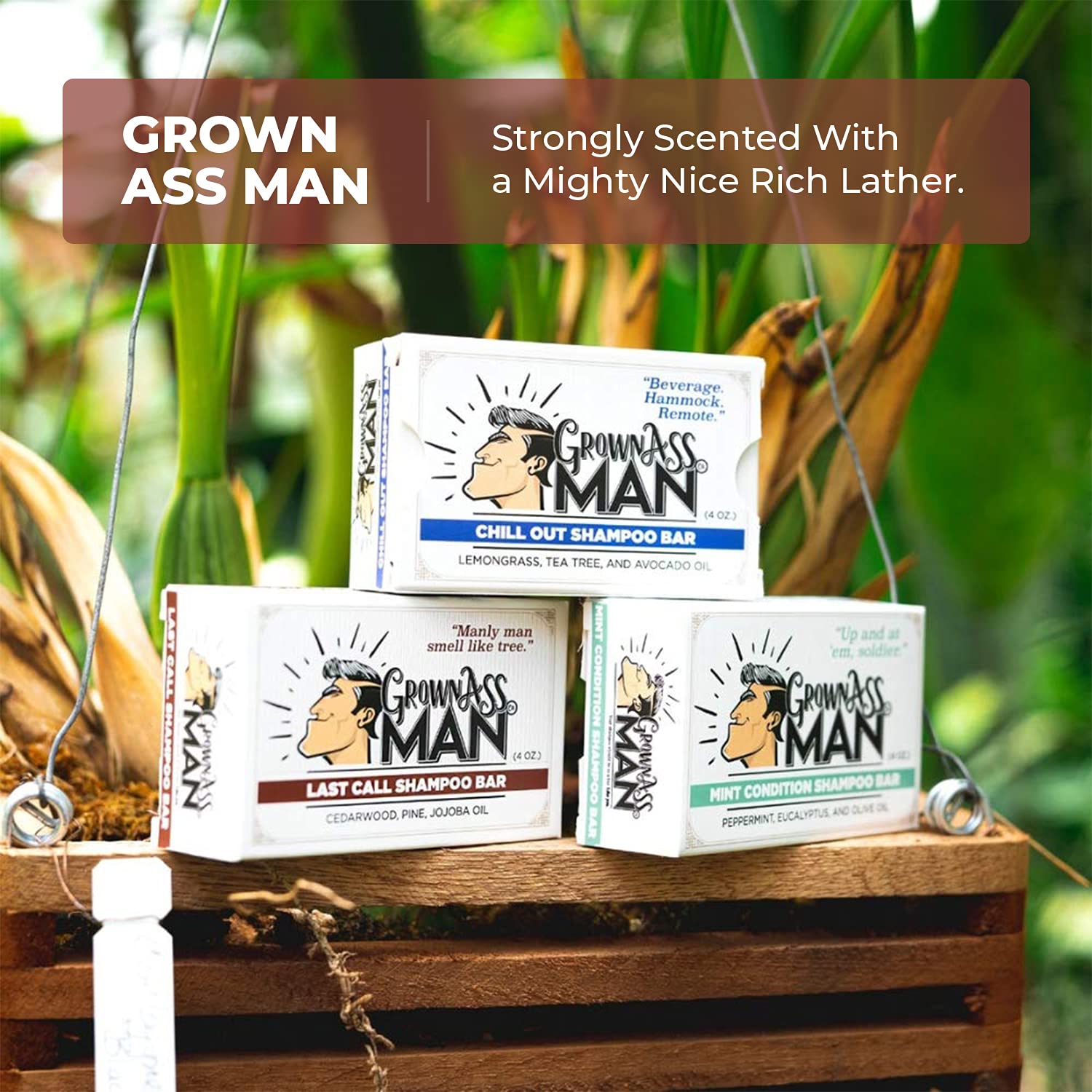 Grown Ass Man Co. Solid Shampoo Bar 3-in-1: Hair, Beard & Body – Plastic-Free, Natural & Organic, 4oz (Last Call, 3-Pack)