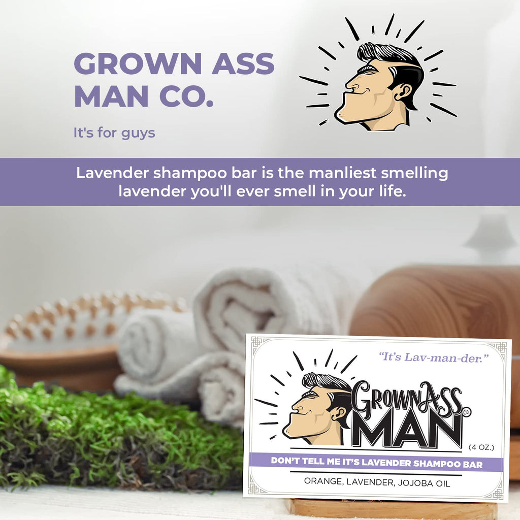 Grown Ass Man Co. Solid Shampoo Bar 3-in-1 for Hair, Beard & Body – Plastic Free, 4oz (Don't Tell Me It's Lavender)