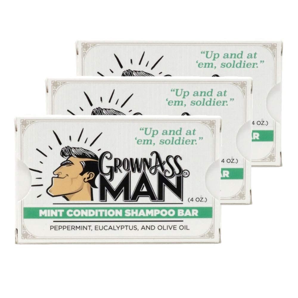 Grown Ass Man Co. Solid Shampoo Bar 3 in 1 | Hair, Beard & Body Wash • Mint Condition 4oz Bar (3-Pack) • Plastic-Free