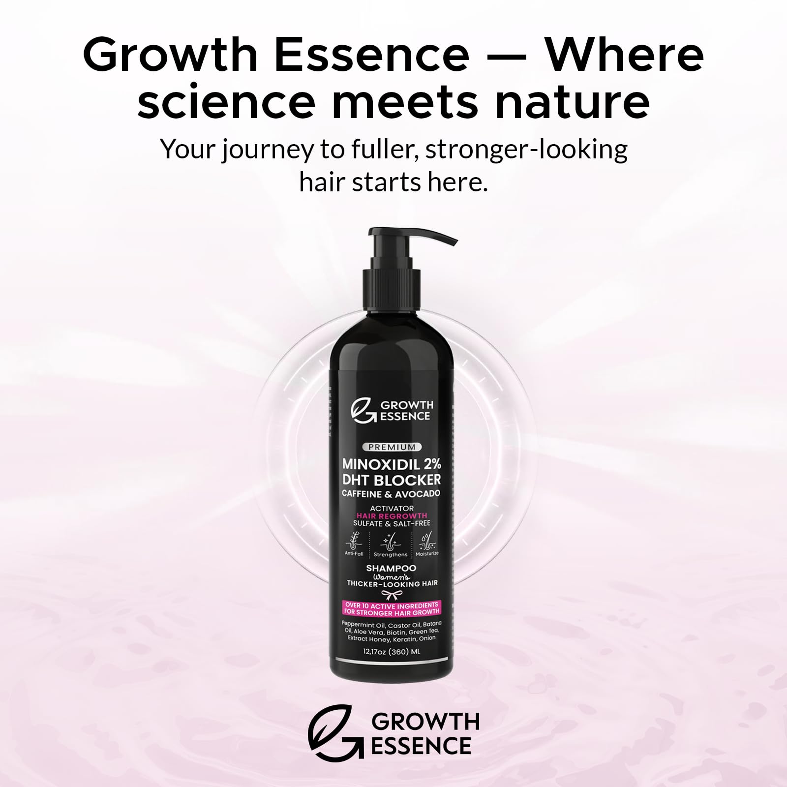 Growth Essence Minoxidil Shampoo for Women – 2% Regrowth Formula with Biotin, Caffeine & DHT Blockers