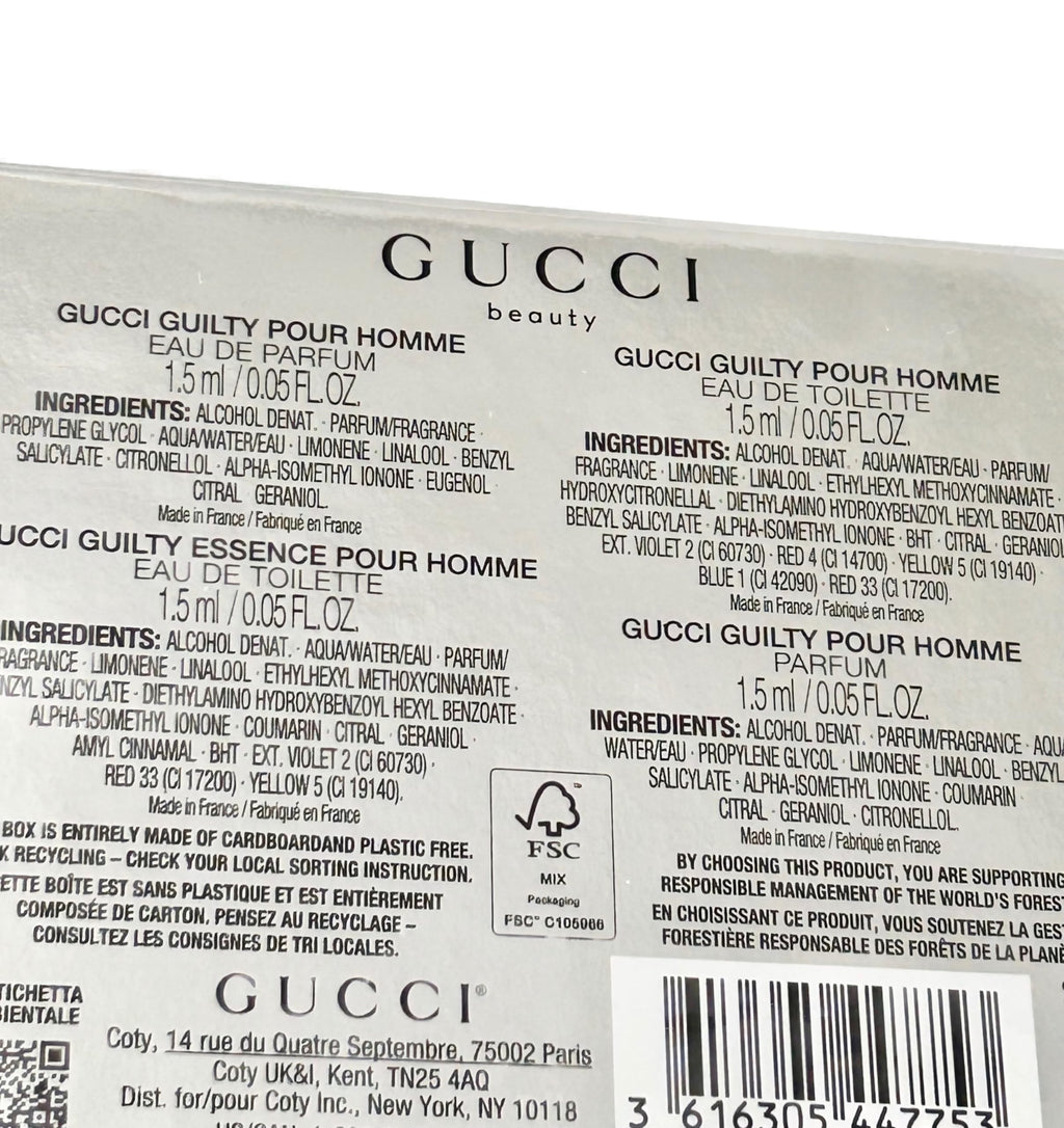 Gucci Guilty Men Sample Gift Set – 4 x 1.5 ml Vials (EDT, Parfum, EDP, Essence)
