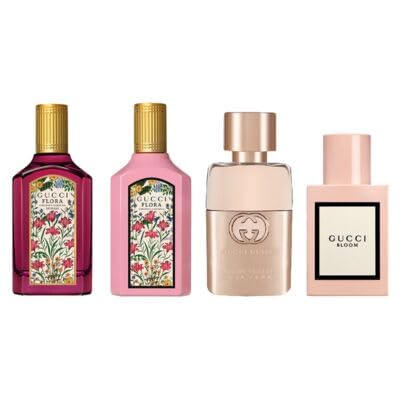 Gucci Minis Set: Bloom, Guilty Pour Femme, Flora Gorgeous Gardenia, Intense EDP – 0.17 fl oz Each
