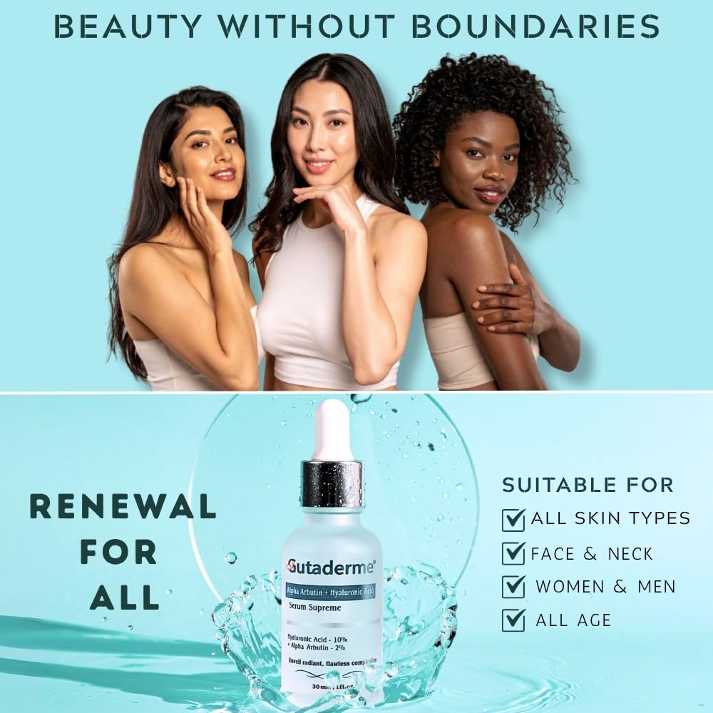Gutaderme Brightening & Glow Serum with Alpha Arbutin 2% + Hyaluronic Acid 10% | Hydration & Even Tone, 1 fl oz