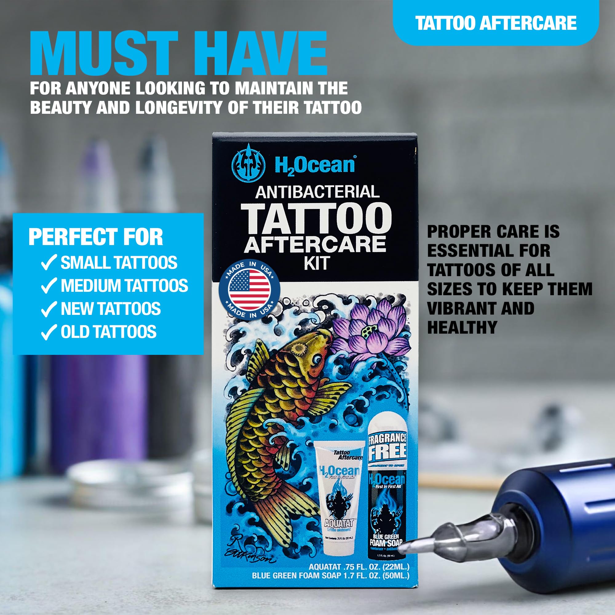 H2Ocean Antibacterial Tattoo Aftercare Kit – Foam Soap & Aquatat Ointment | Made in USA