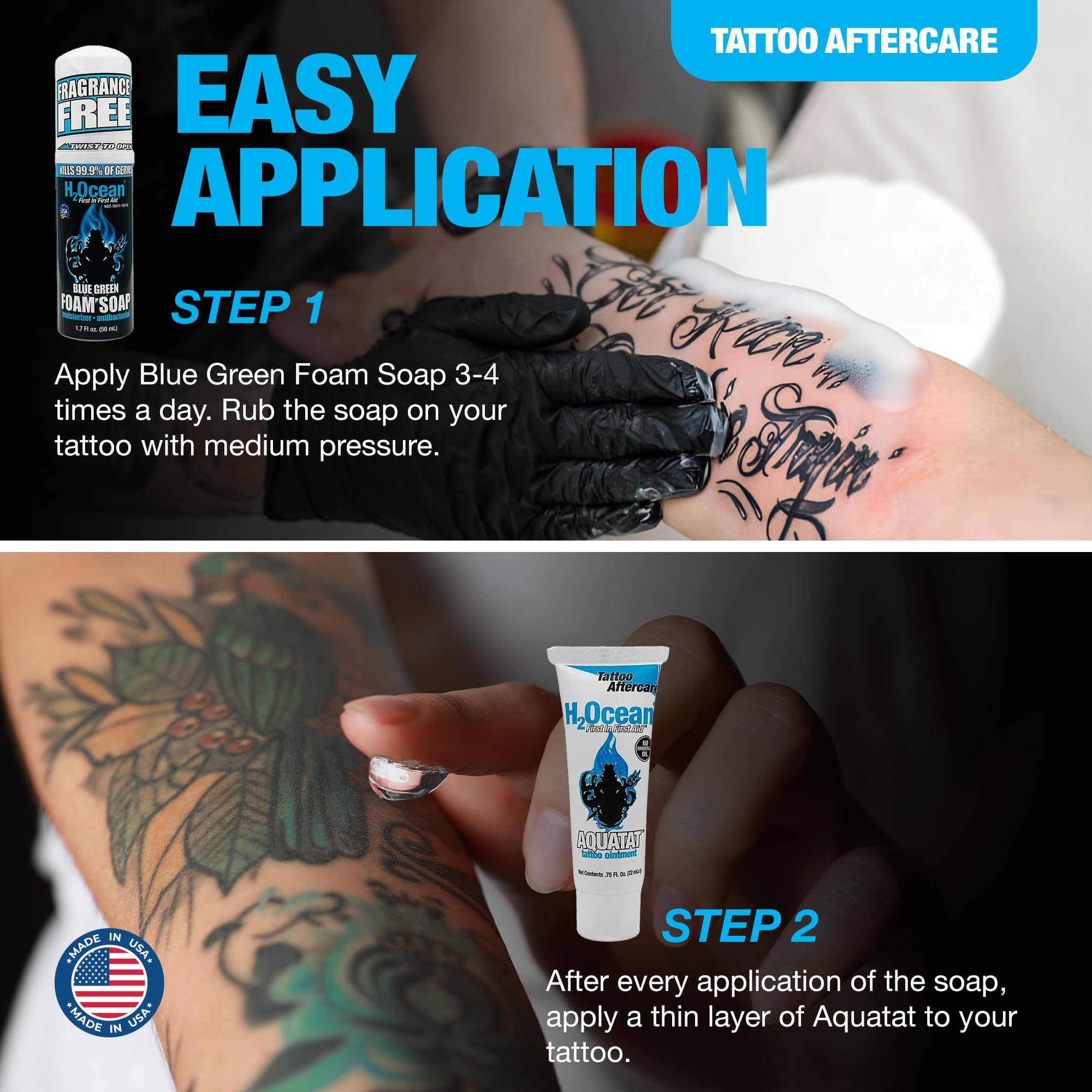 H2Ocean Antibacterial Tattoo Aftercare Kit – Foam Soap & Aquatat Ointment | Made in USA