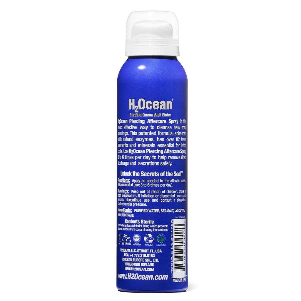 H2Ocean Piercing Aftercare Spray – 2x4oz Saline Cleanser for All Piercings