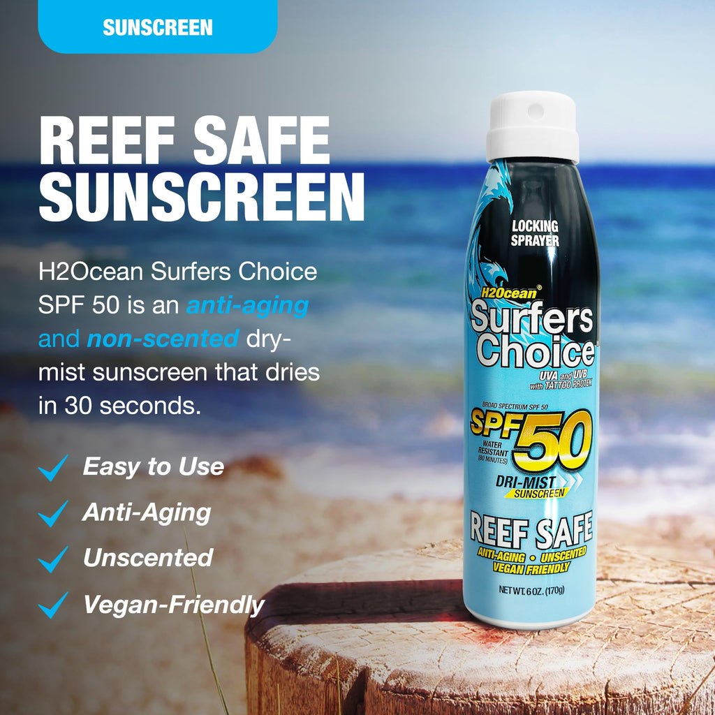 H2Ocean Surfers Choice SPF 50 Spray – Tattoo Aftercare & Quick-Dry UV Protection (6 oz)