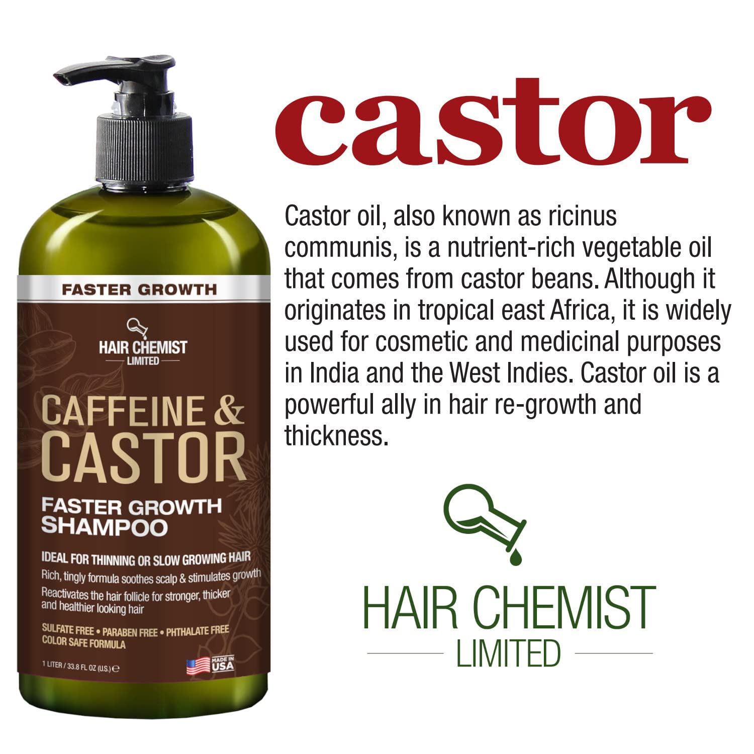 Hair Chemist Caffeine & Castor Faster Growth Shampoo 33.8 oz – Sulfate-Free Hair Growth Shampoo