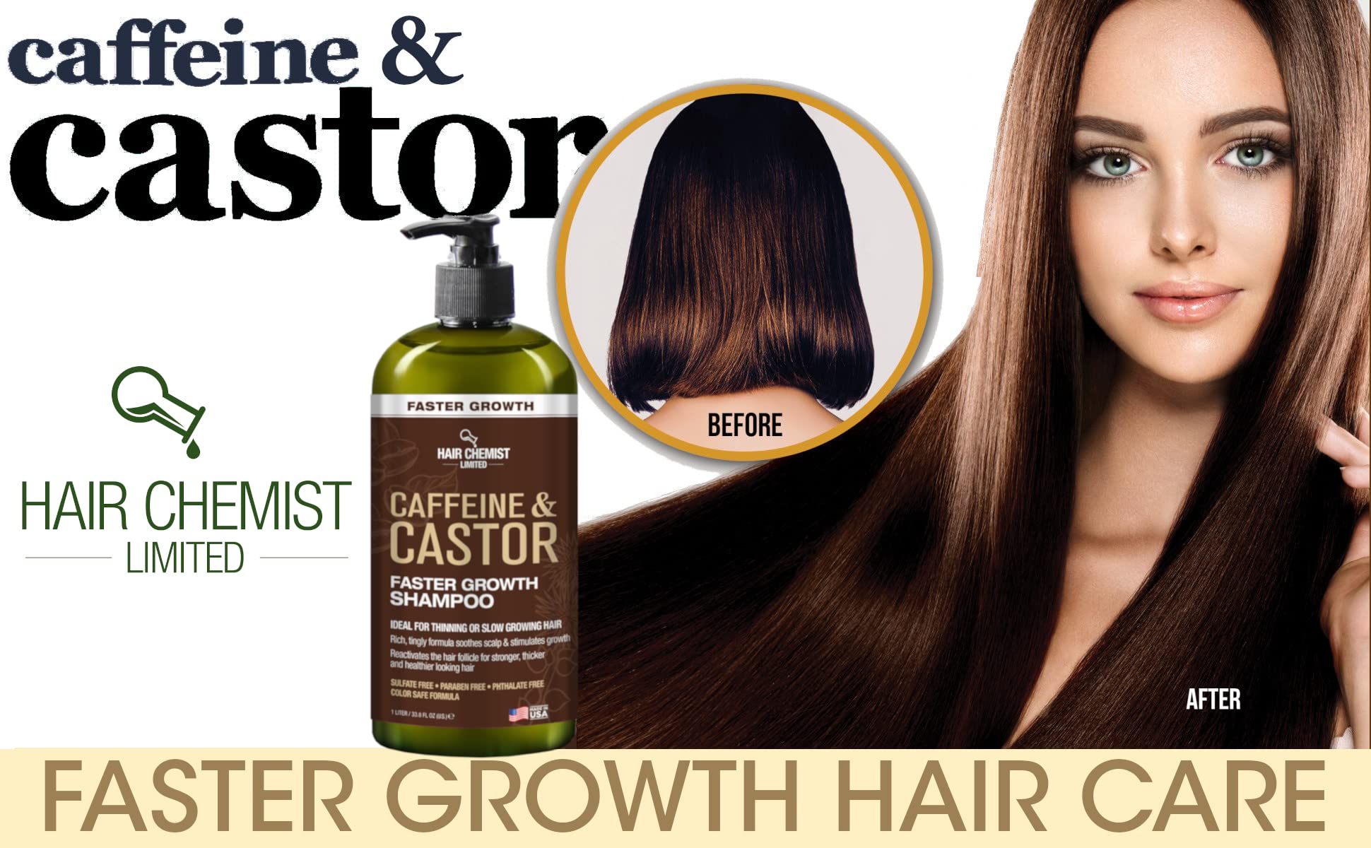 Hair Chemist Caffeine & Castor Faster Growth Shampoo 33.8 oz – Sulfate-Free Hair Growth Shampoo
