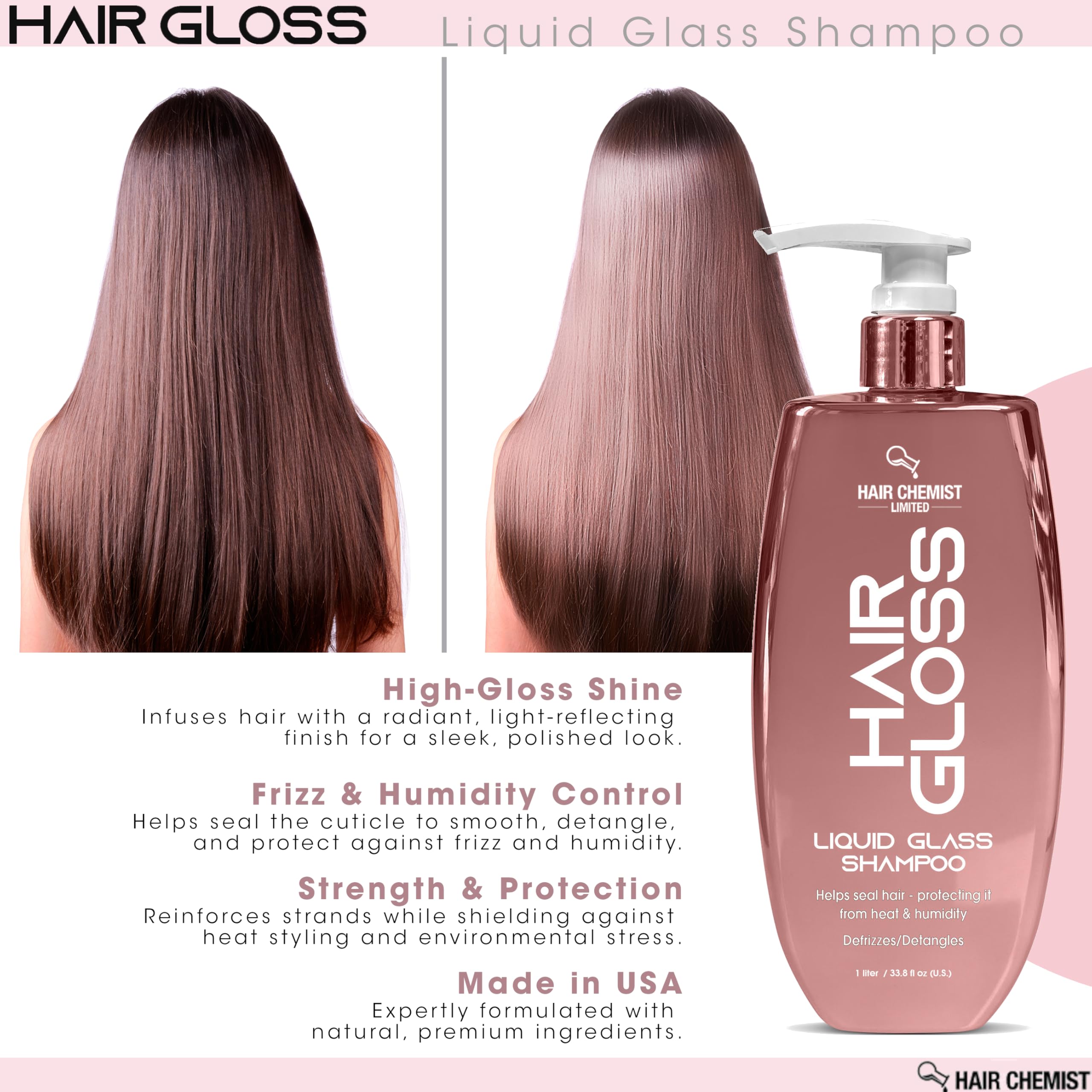 Hair Chemist Hair Gloss Liquid Glass Shampoo 33.8 oz – Smoothing, Shine, Frizz Control for All Hair Types