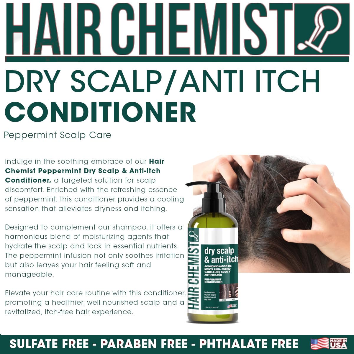 Hair Chemist Conditioner | Dry Scalp & Anti-Itch Peppermint, 33.8 oz, Paraben/Sulfate/Phthalate Free, Made in USA