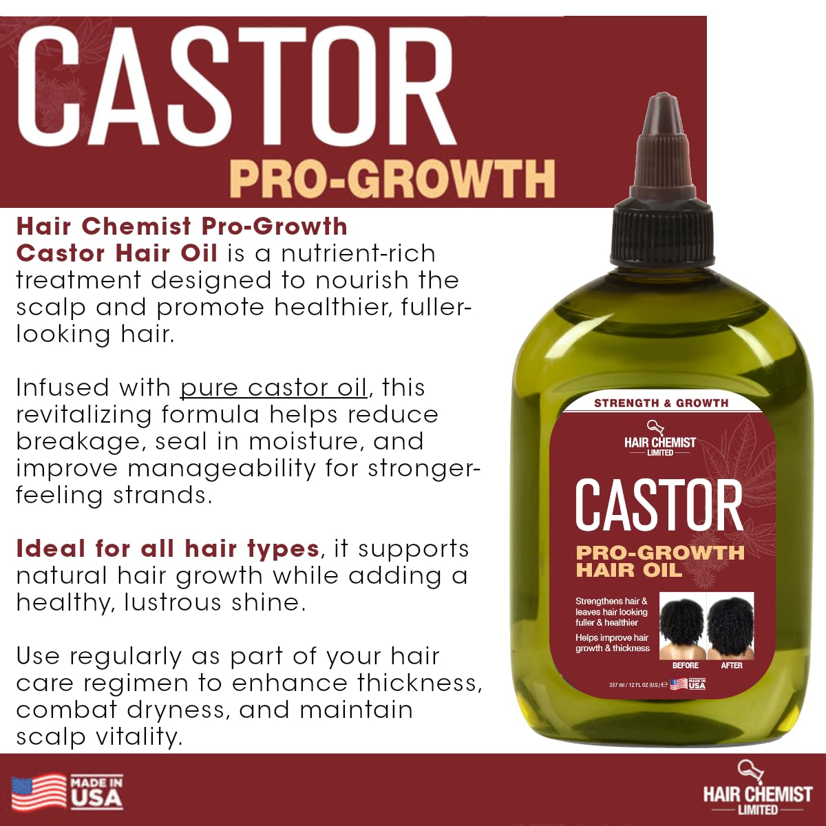 Hair Chemist Pro-Growth Castor Oil 12oz – Strengthening & Growth Support