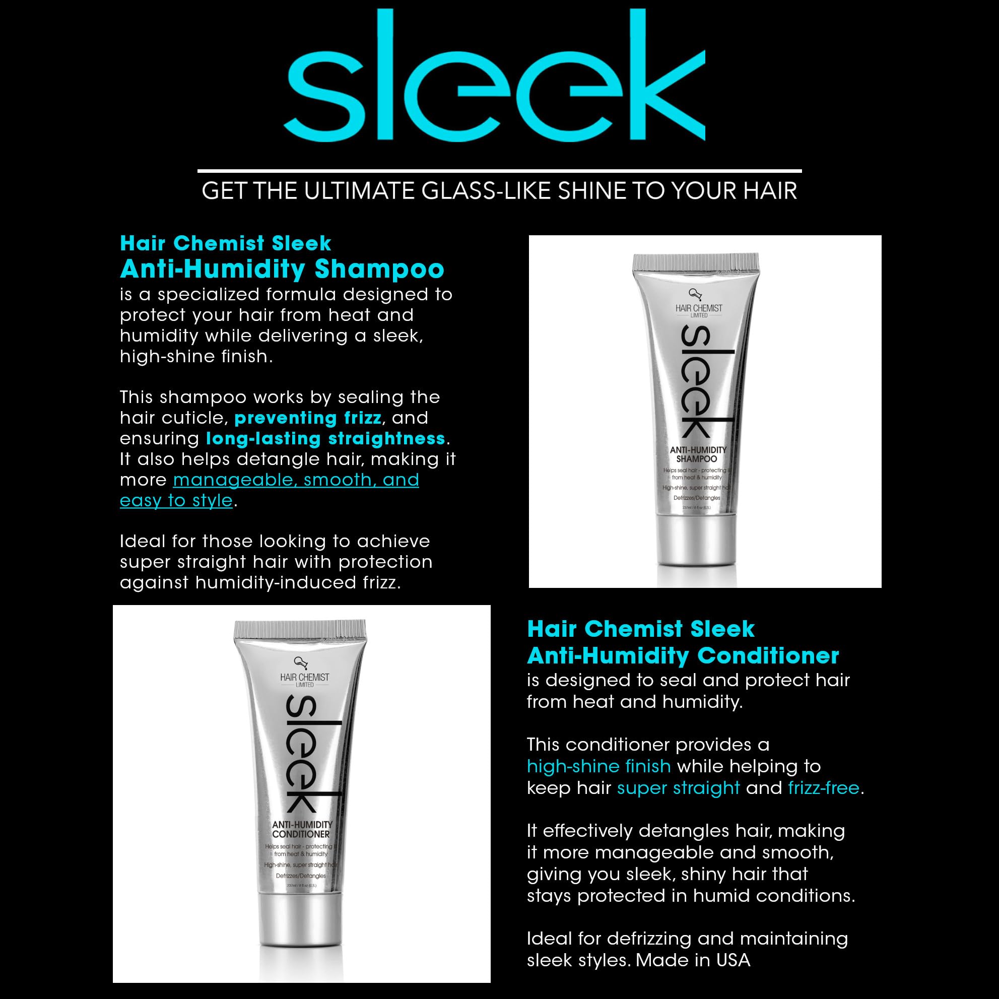 Hair Chemist SLEEK Anti-Humidity Shampoo & Conditioner 8 oz Set – Frizz Control & Sleek Hair