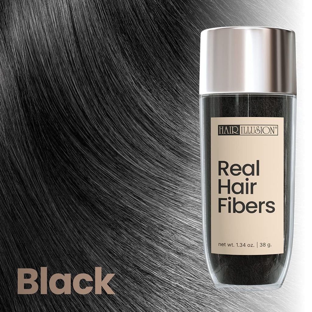 Hair Illusion Black Real Hair Fibers for Thinning Hair – 38g, 100% Natural, Non-Synthetic Concealer for Women & Men