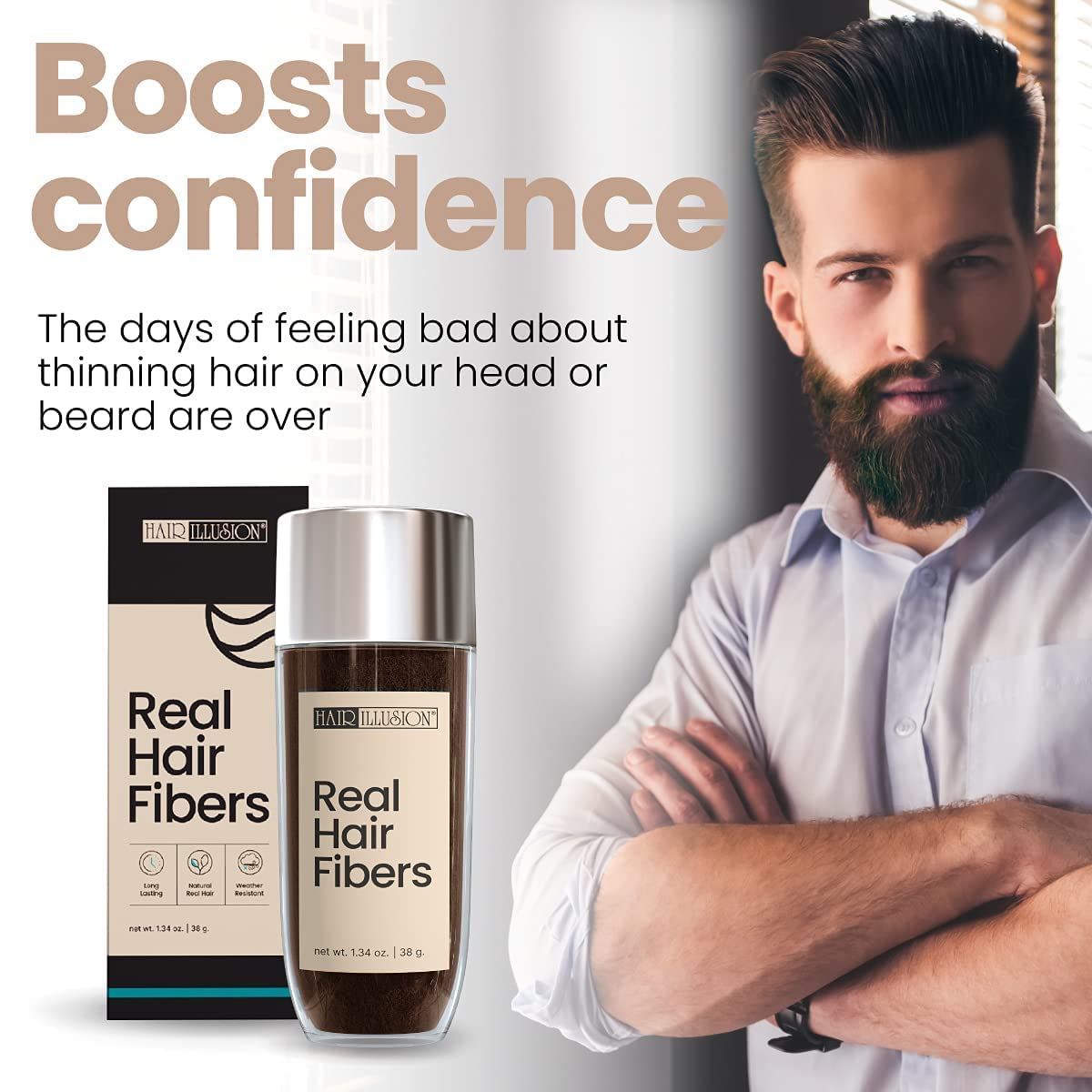 Hair Illusion - 100% Natural Human Hair Fibers for Men & Women | Premium Thickening Formula in a 38g Brown Bottle