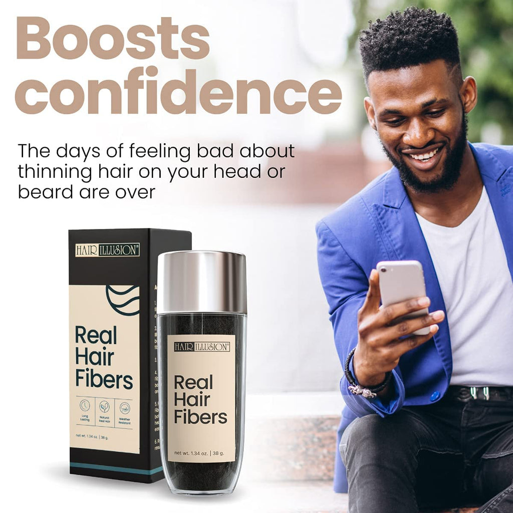Hair Illusion Black Real Hair Fibers for Thinning Hair – 38g, 100% Natural, Non-Synthetic Concealer for Women & Men