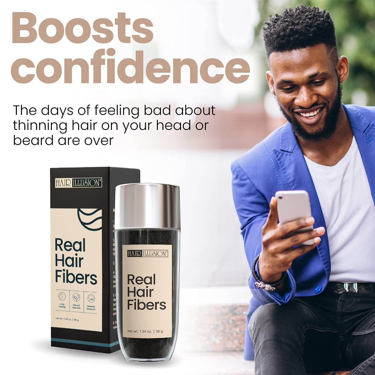 Hair Illusion Black Real Hair Fibers for Thinning Hair – 38g, 100% Natural, Non-Synthetic Concealer for Women & Men