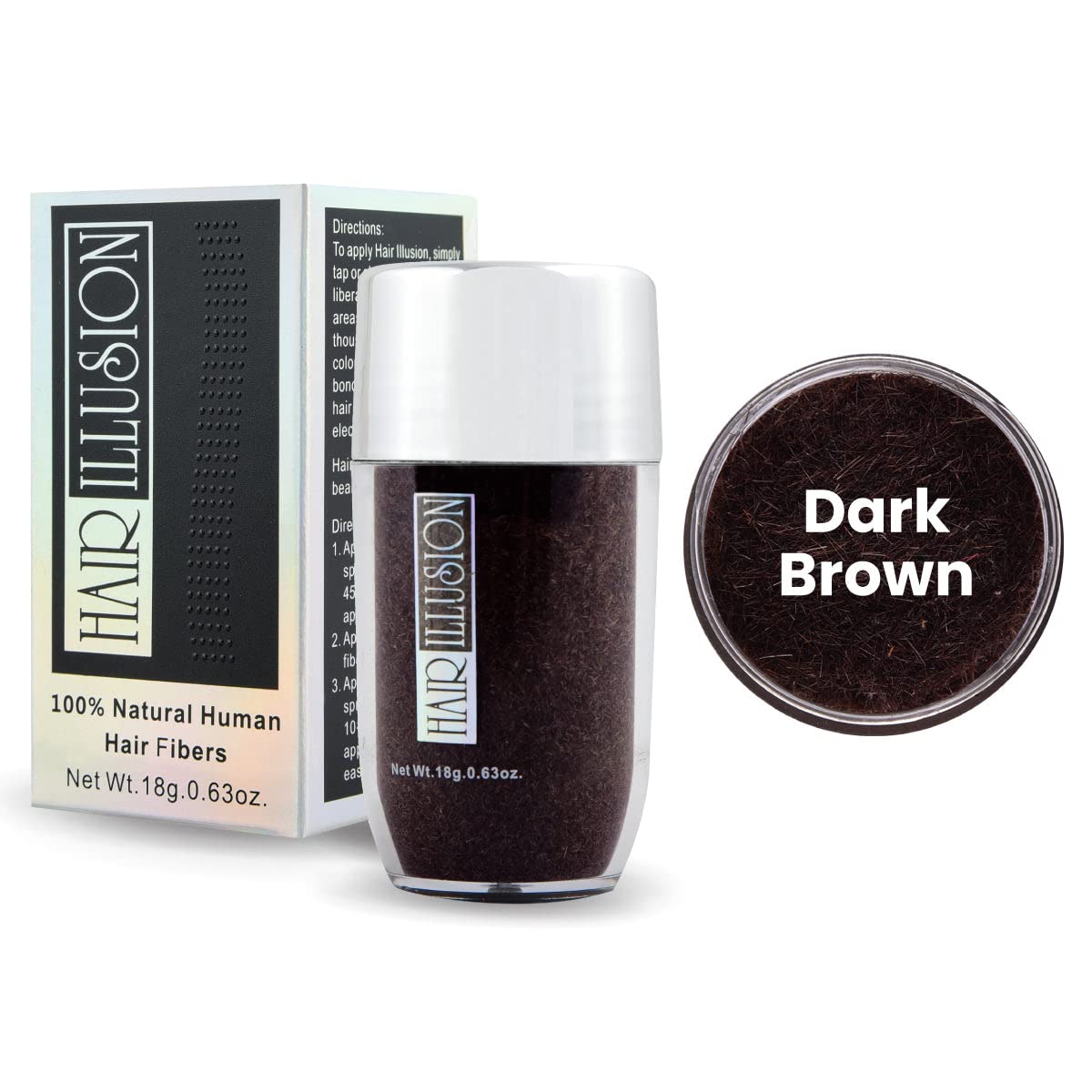 Hair Illusion Dark Brown Real Hair Fibers + Fiber Hold On Spray Bundle – 100% Natural, Non-Synthetic Thickening