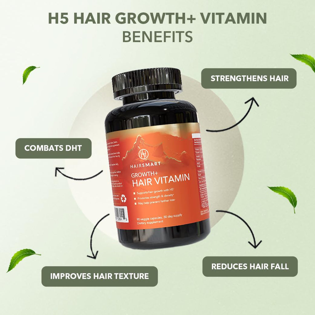 HairSmart H5 Grow+ Hair Vitamin Supplement – Biotin, Ayurvedic Herbs & 5 Nutrient Groups for Growth, Density & Strength (90 Count)