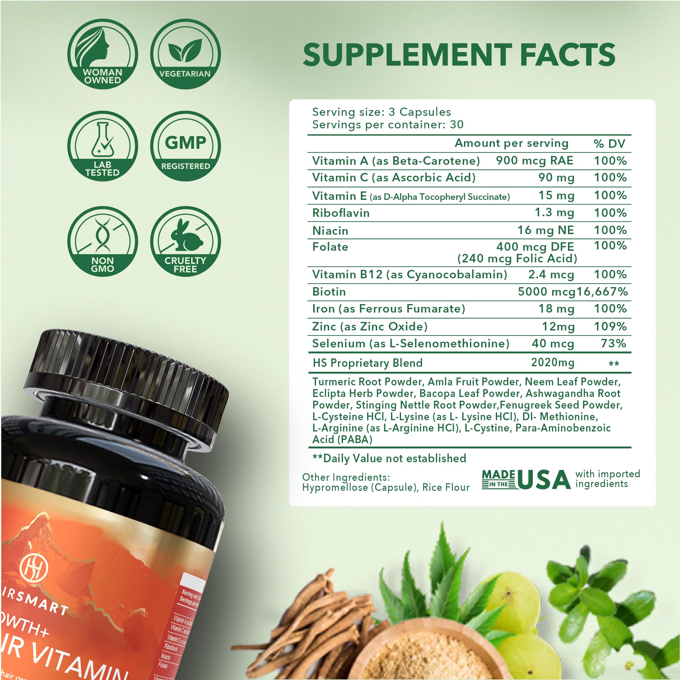 HairSmart H5 Grow+ Hair Vitamin Supplement – Biotin, Ayurvedic Herbs & 5 Nutrient Groups for Growth, Density & Strength (90 Count)