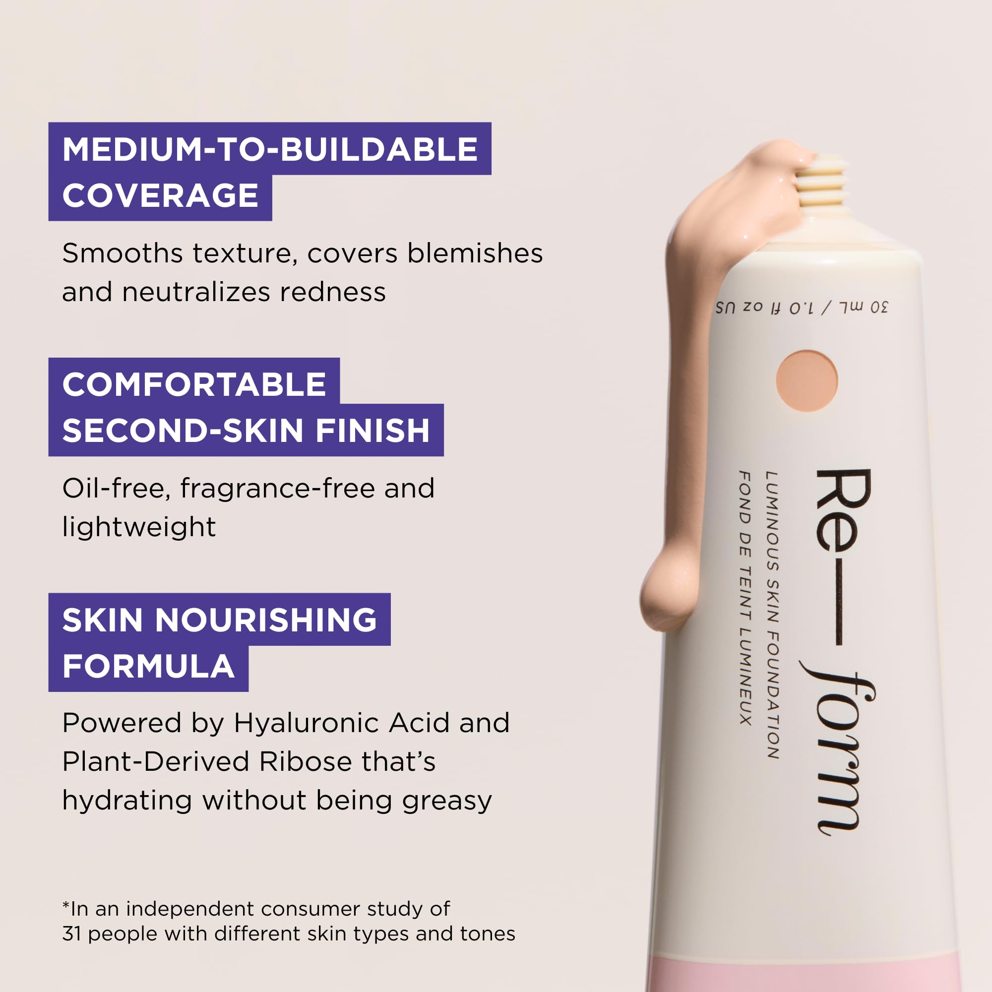 HALEYS Re-form Luminous Skin Foundation | Vegan, Cruelty-Free, Med–Full Coverage, Oil-Free, All-Day Wear