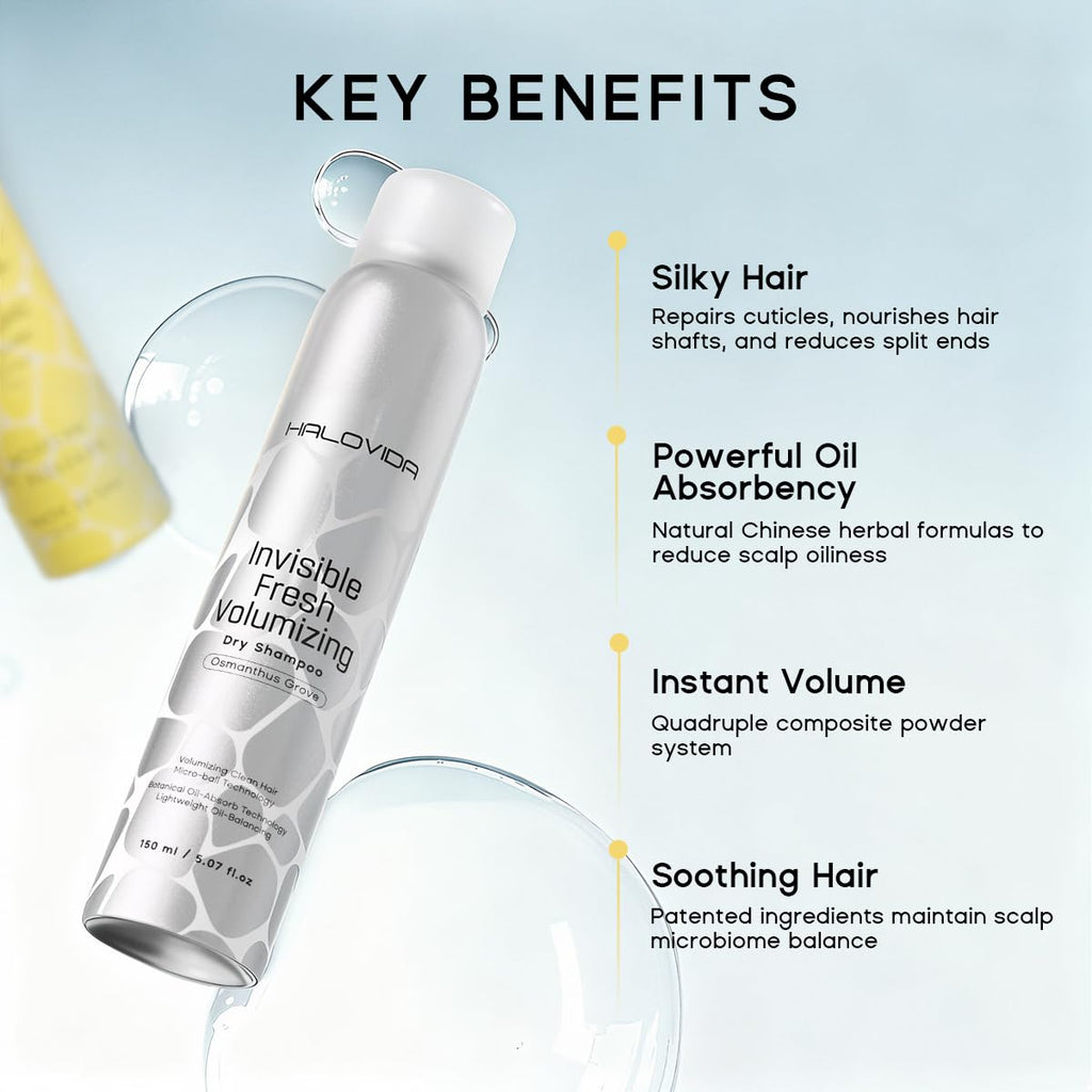 HALOVIDA Dry Shampoo Pack of 3 for Dark Hair — Invisible Residue, Oil Absorption, 72h Freshness