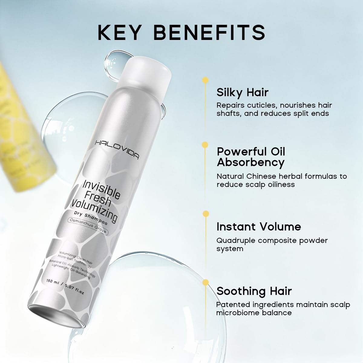 HALOVIDA Dry Shampoo Pack of 3 for Dark Hair — Invisible Residue, Oil Absorption, 72h Freshness