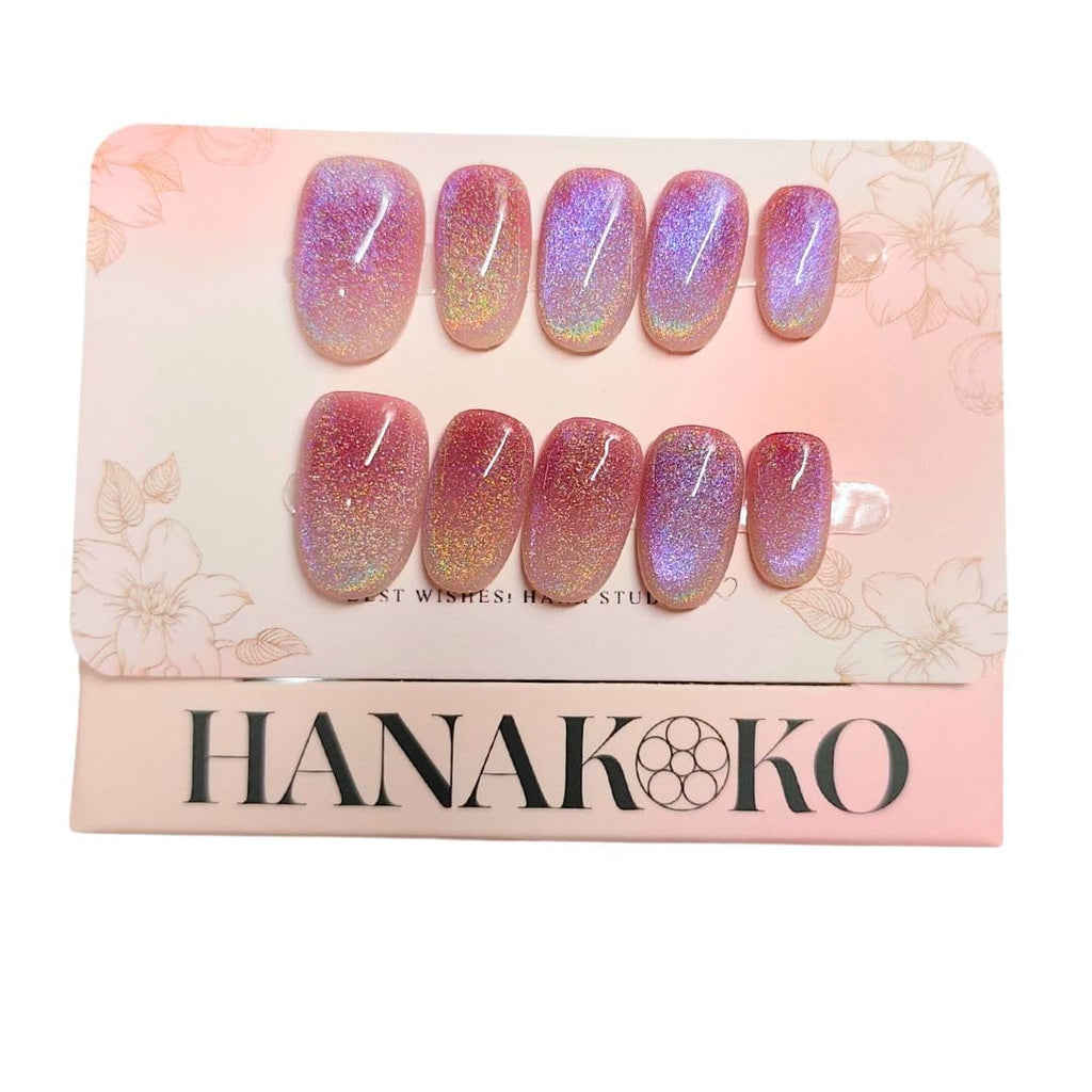 HANAKOKO Dream Dazzle Press-On Nails – Handmade 3D Glitter Cat Eye, Short/Medium Oval (10 Pcs)
