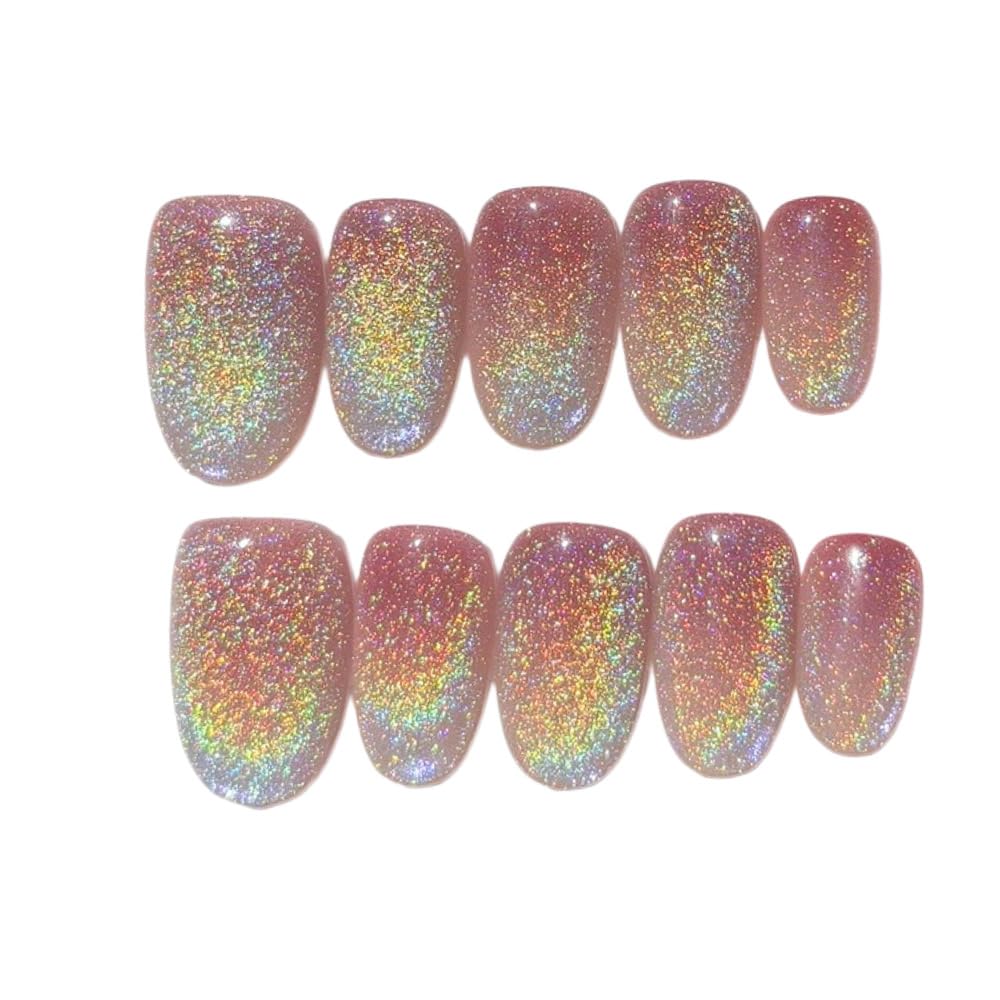 HANAKOKO Dream Dazzle Press-On Nails – Handmade 3D Glitter Cat Eye, Short/Medium Oval (10 Pcs)
