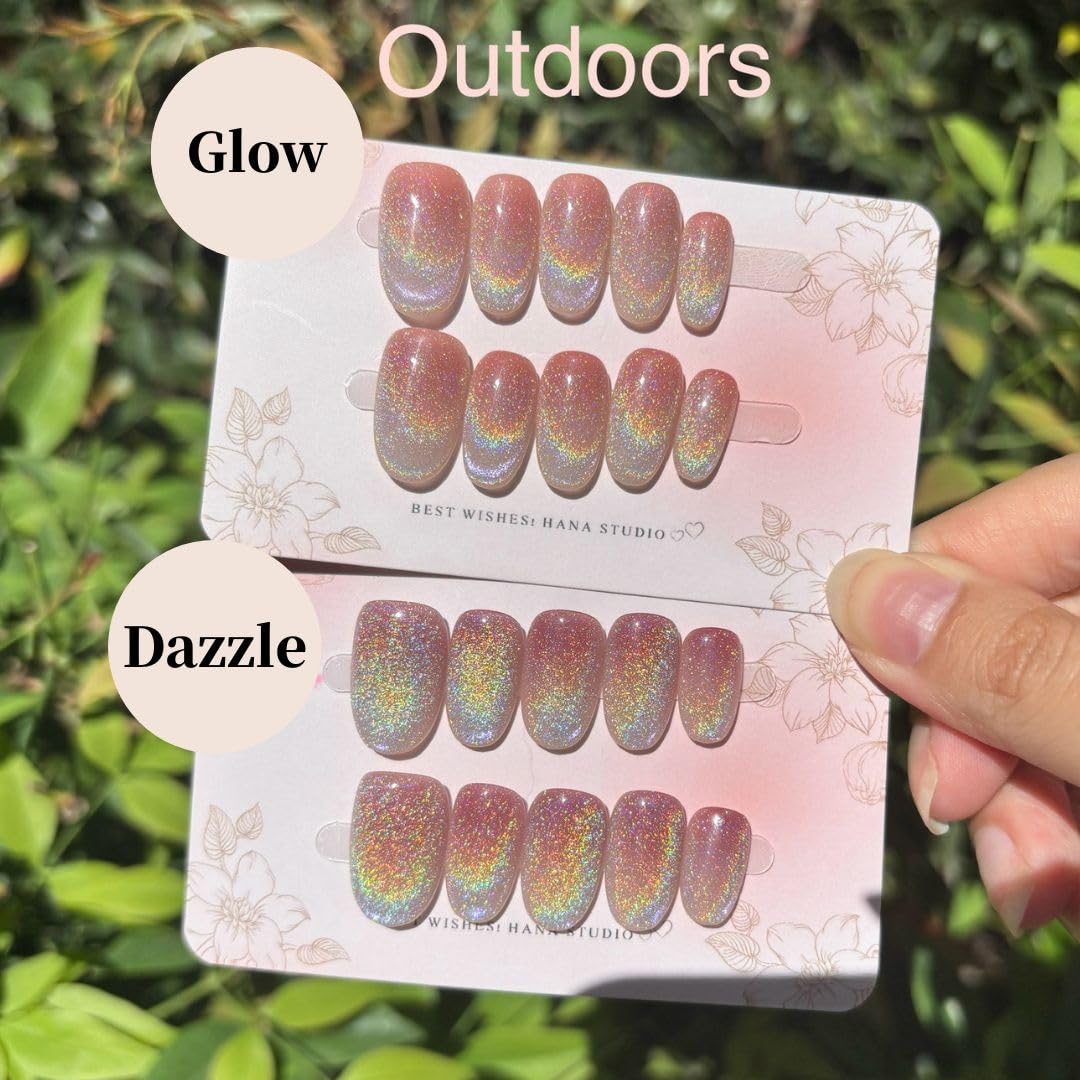 HANAKOKO Dream Dazzle Press-On Nails – Handmade 3D Glitter Cat Eye, Short/Medium Oval (10 Pcs)