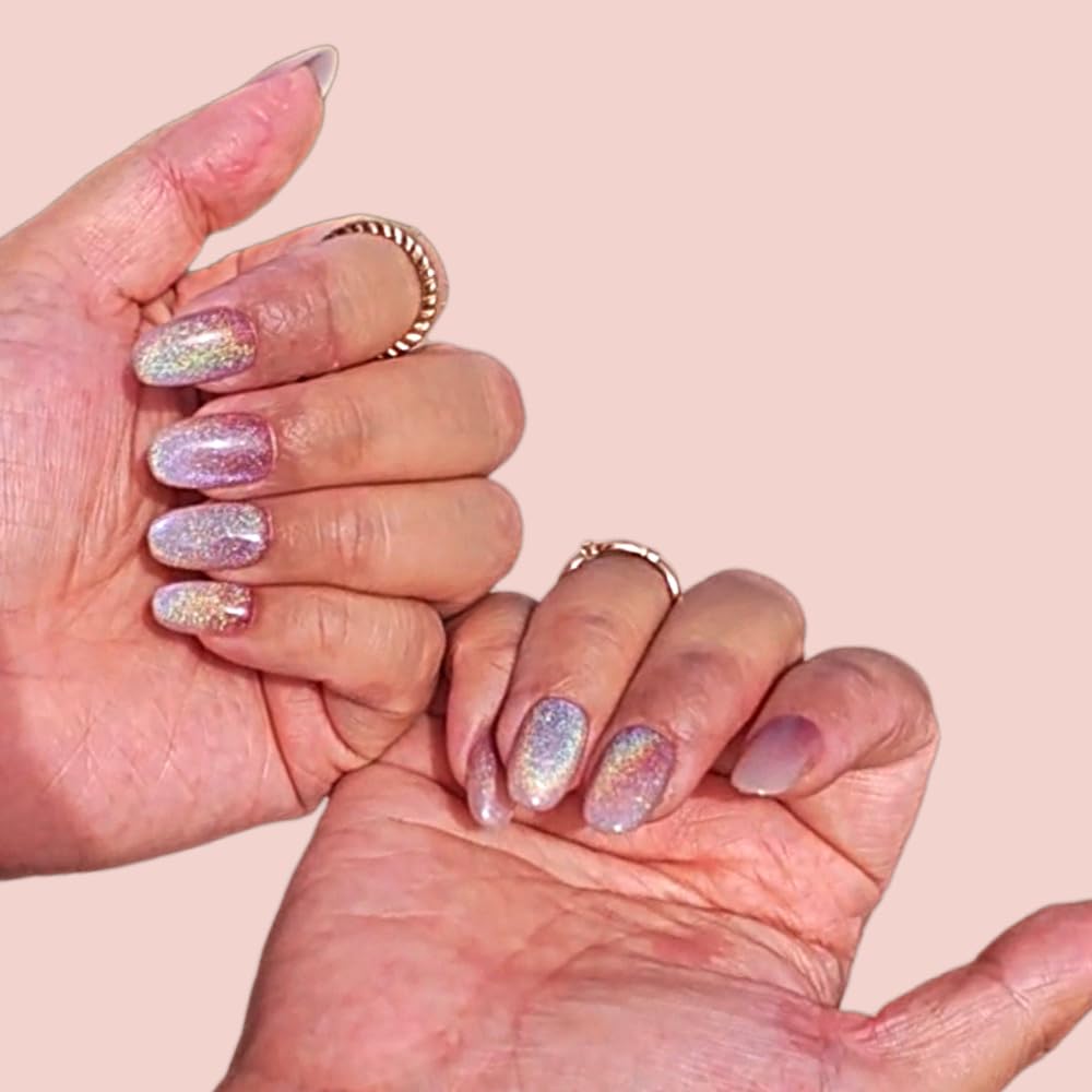 HANAKOKO Dream Dazzle Press-On Nails – Handmade 3D Glitter Cat Eye, Short/Medium Oval (10 Pcs)