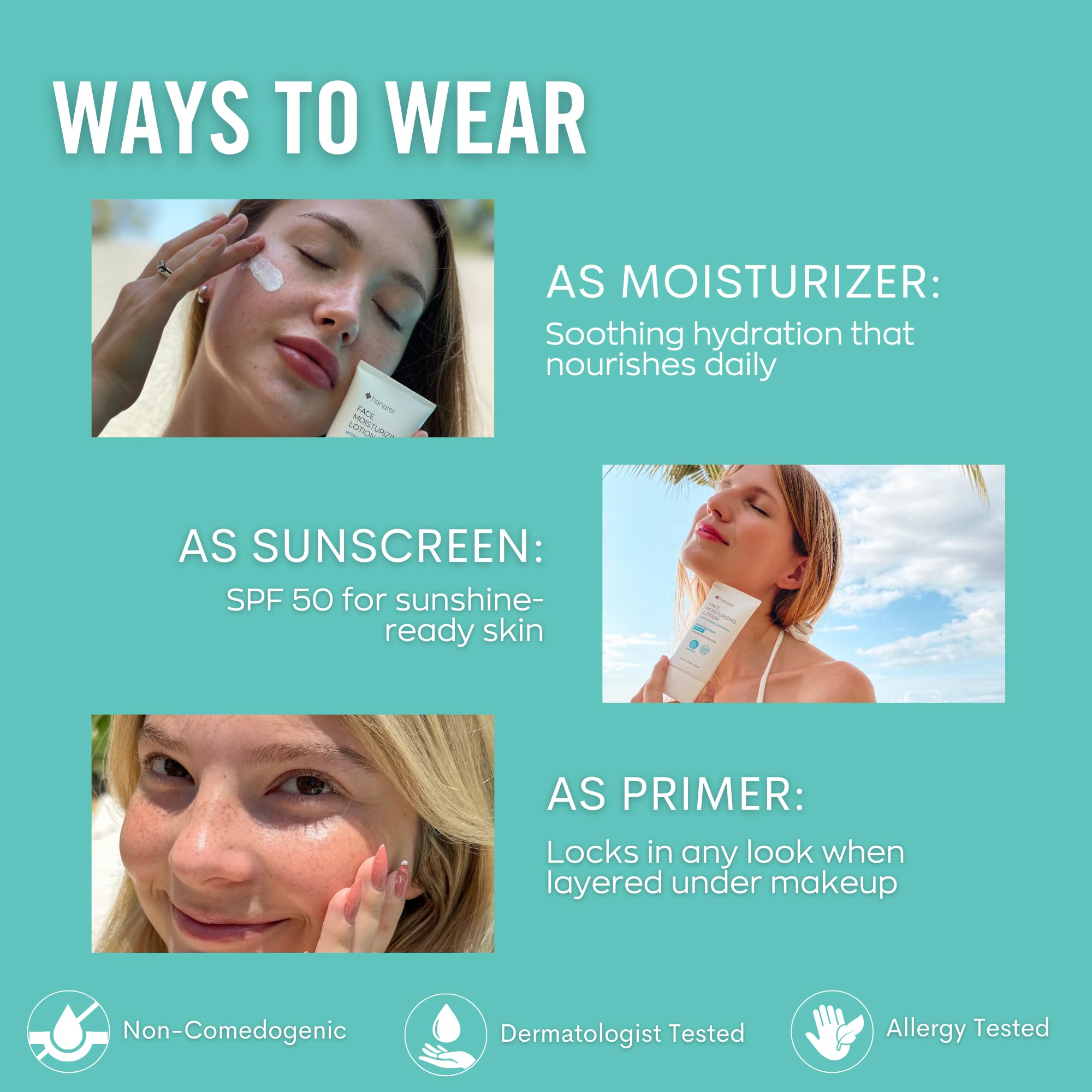 Hanalei Mineral Sunscreen Face Moisturizer SPF 50 – Dermatologist Tested, Reef-Safe, 3-in-1 Hydrating Primer