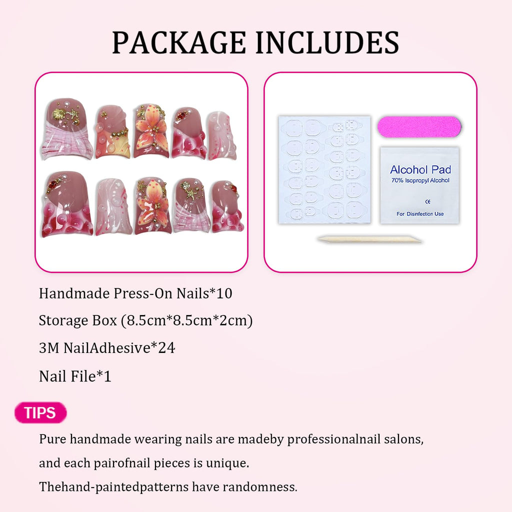 Handemade Press On Nails – Thick Gel Acrylic, Short Duck Shape, Floral Water Droplets