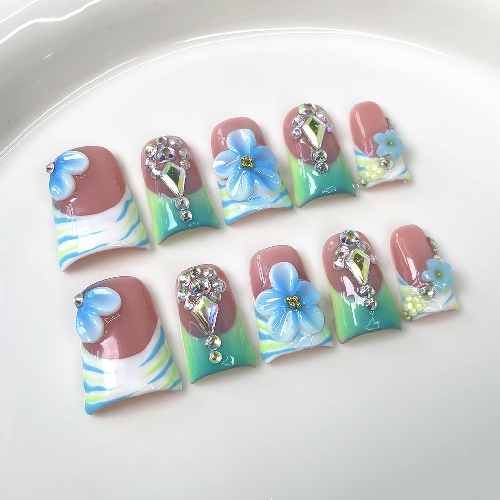 10Pcs Blue Flower Press On Nails - Handmade Short Duck Design with 3D Rhinestones