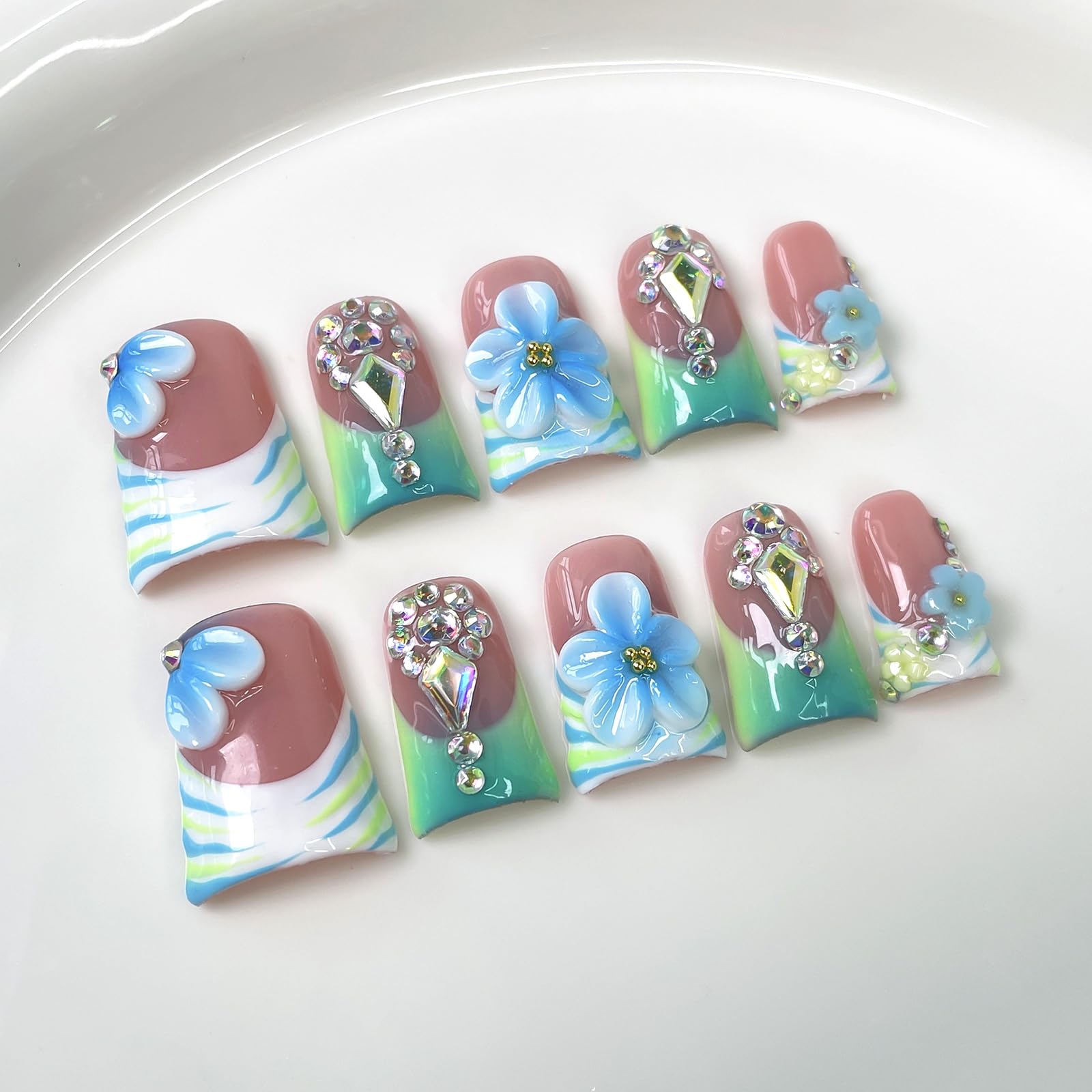 10Pcs Blue Flower Press On Nails - Handmade Short Duck Design with 3D Rhinestones