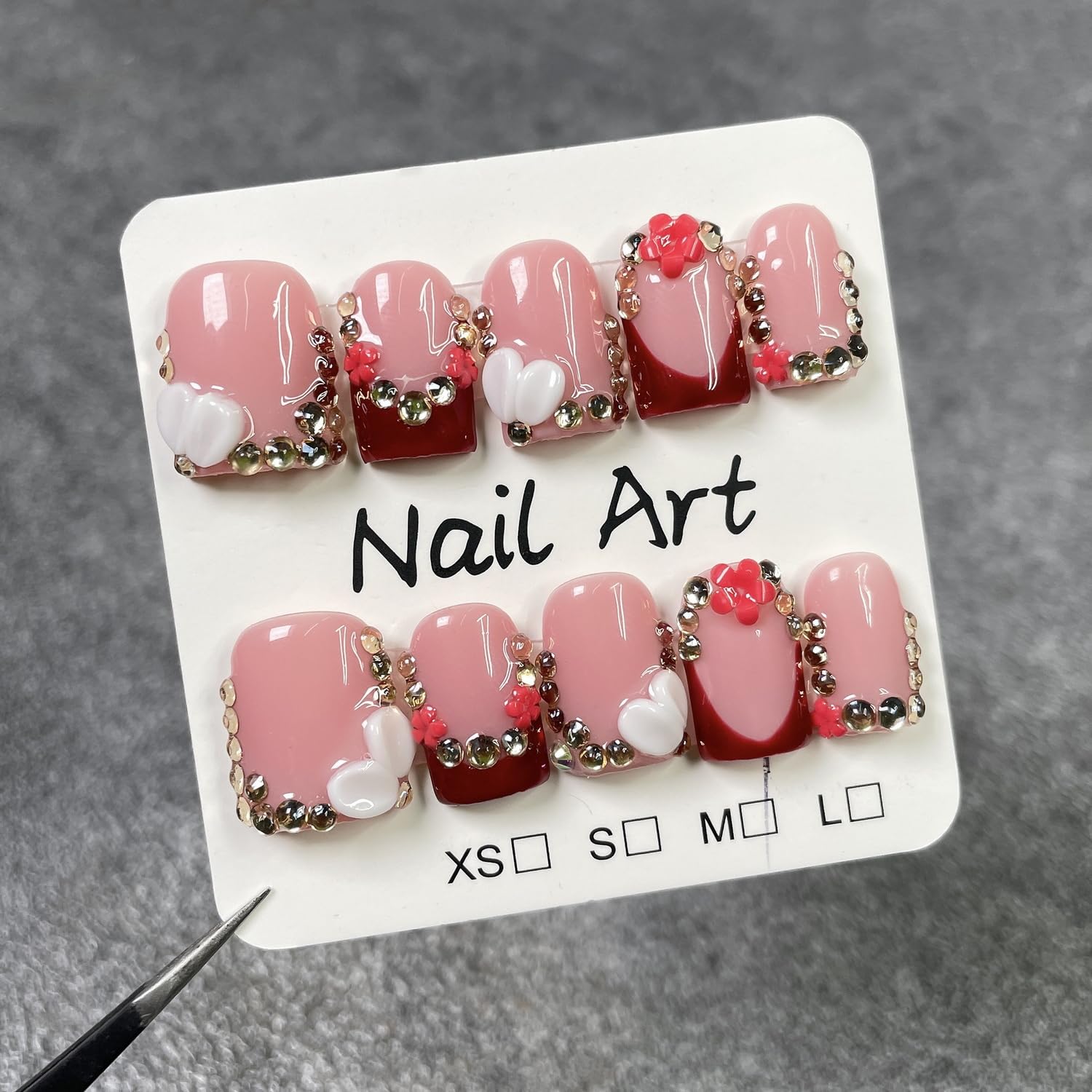 Handmade Red French Tip Press-On Nails – 3D Flower & Rhinestones, Short Square (M)