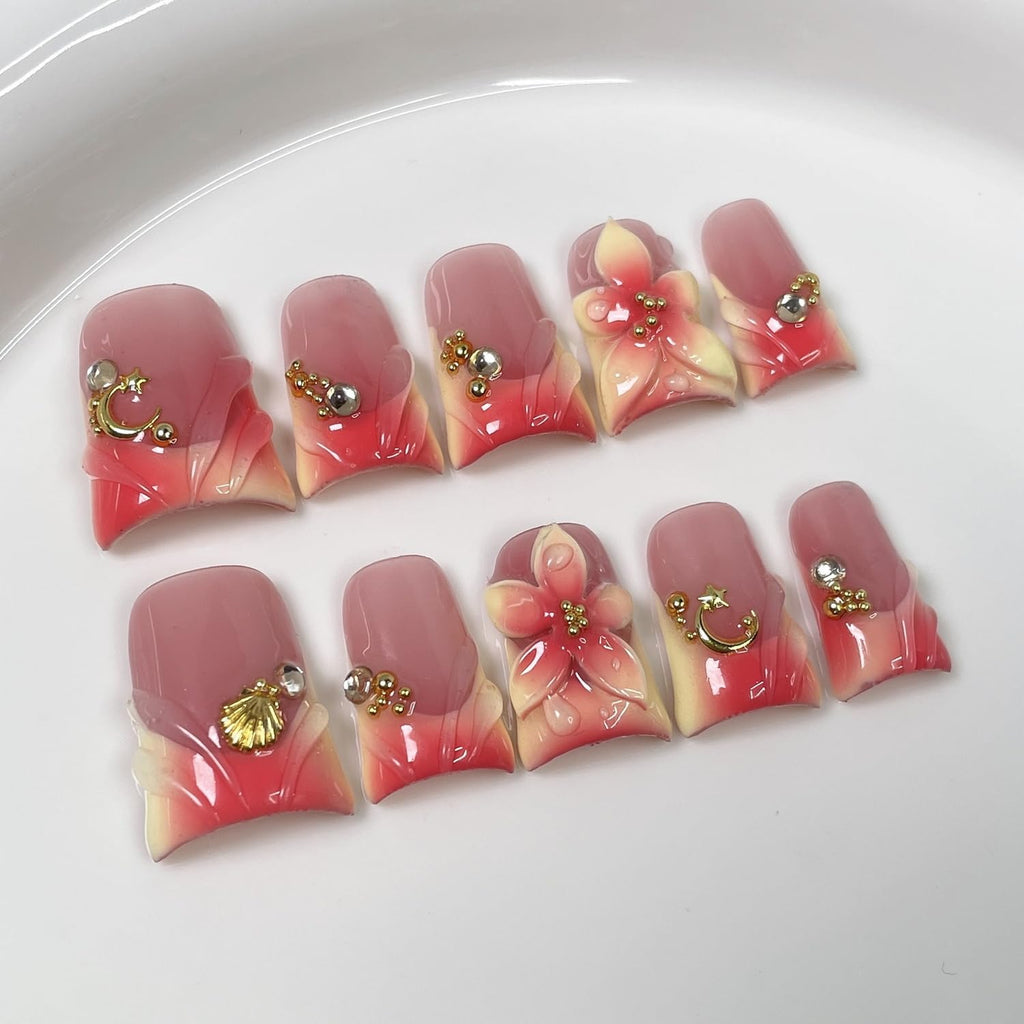 Handmade Nails Short Duck Press-On Nails with 3D Flower Art, Moon Shell Gradient Tip