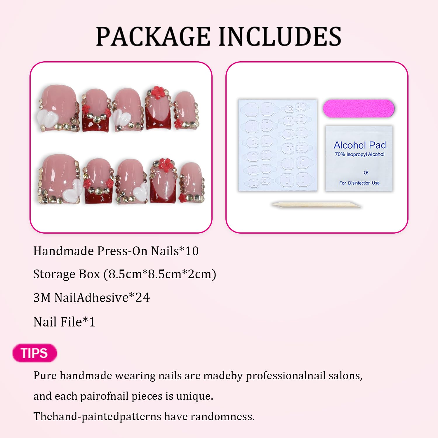 Handmade Red French Tip Press-On Nails – 3D Flower & Rhinestones, Short Square (M)
