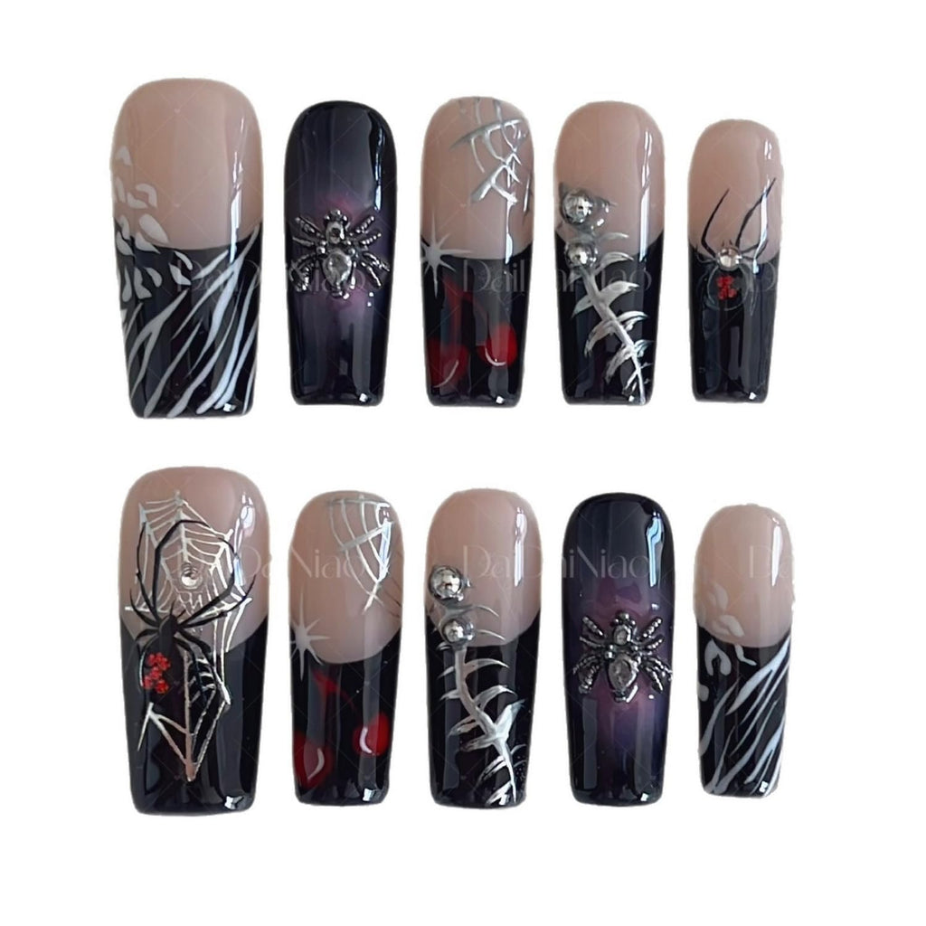 Handmade Spider Web & Spider Halloween Press-On Nails – Black French Tip, Long Square (10pcs)