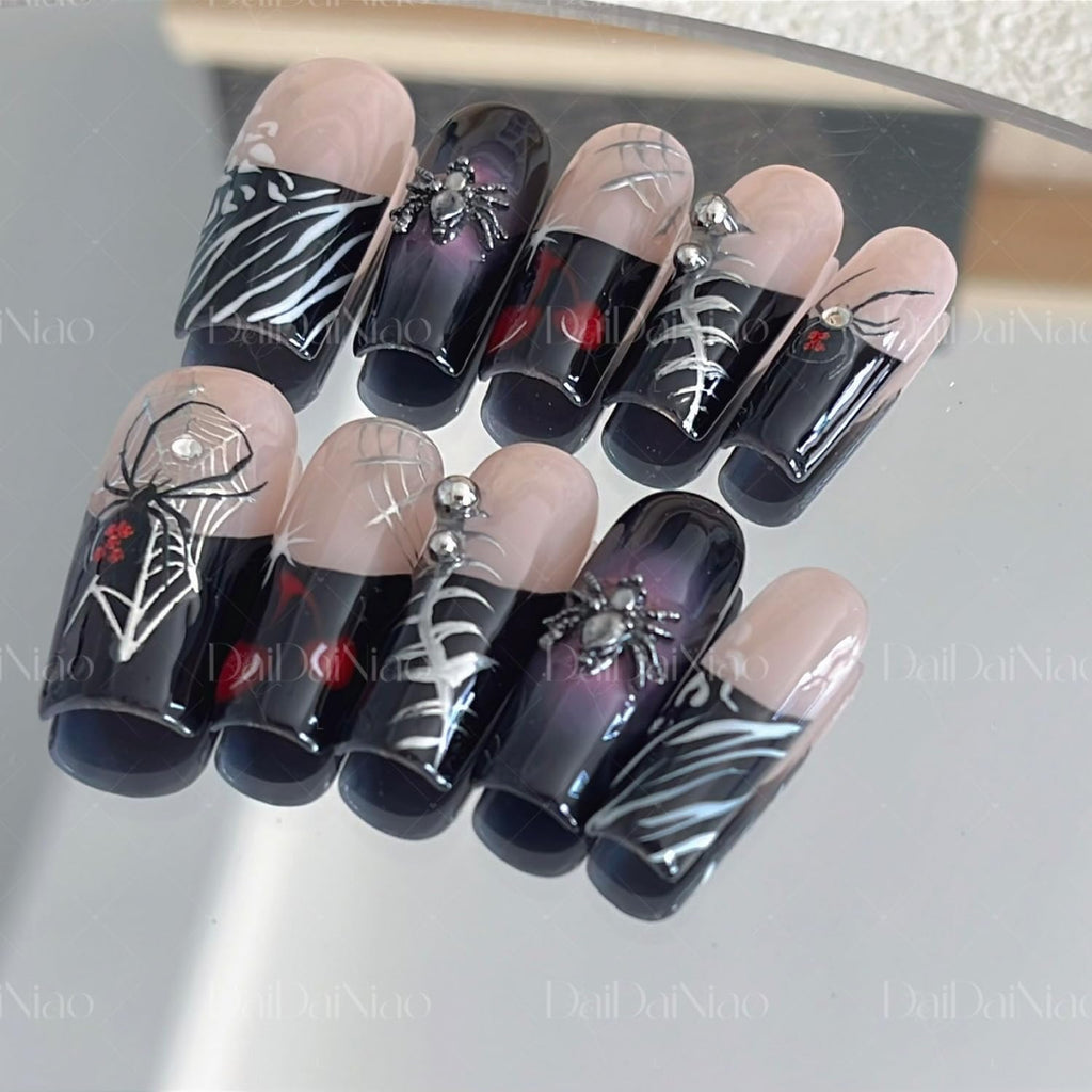 Handmade Spider Web & Spider Halloween Press-On Nails – Black French Tip, Long Square (10pcs)