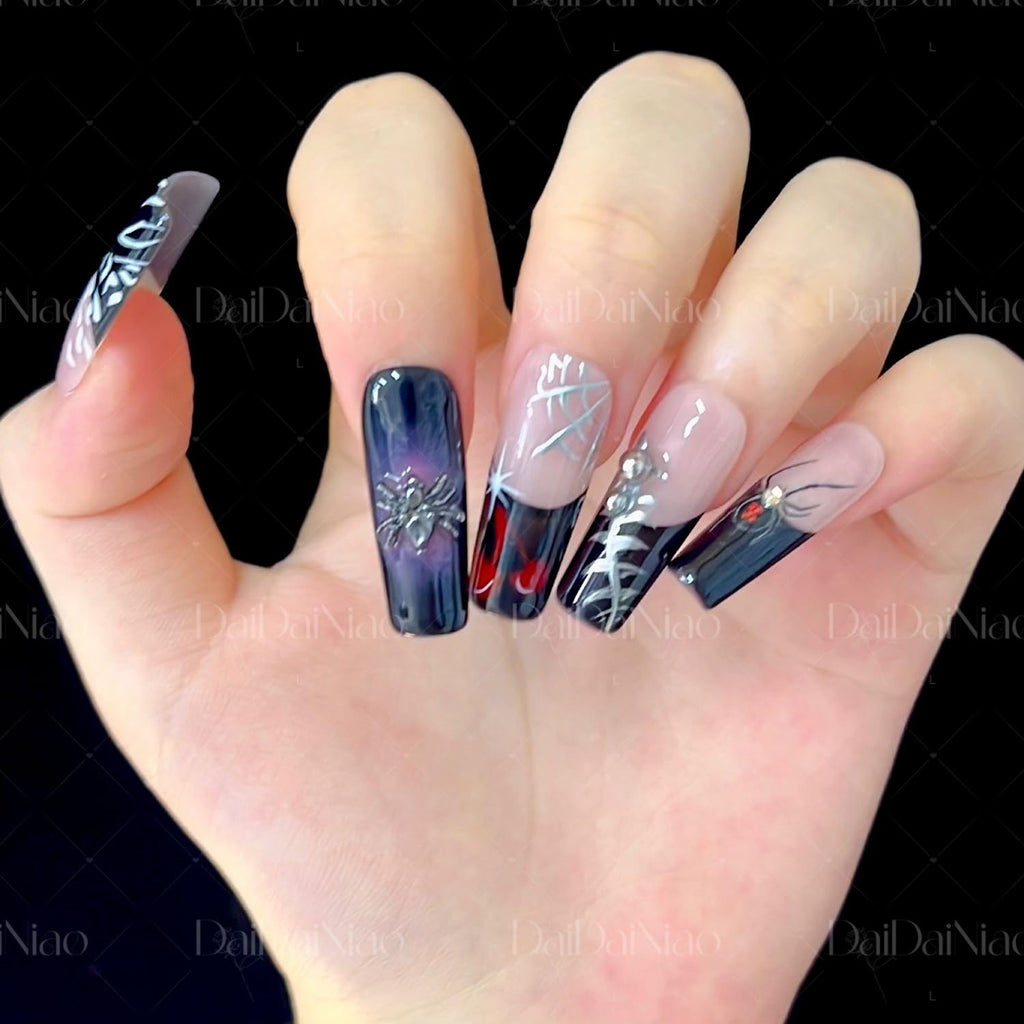 Handmade Spider Web & Spider Halloween Press-On Nails – Black French Tip, Long Square (10pcs)