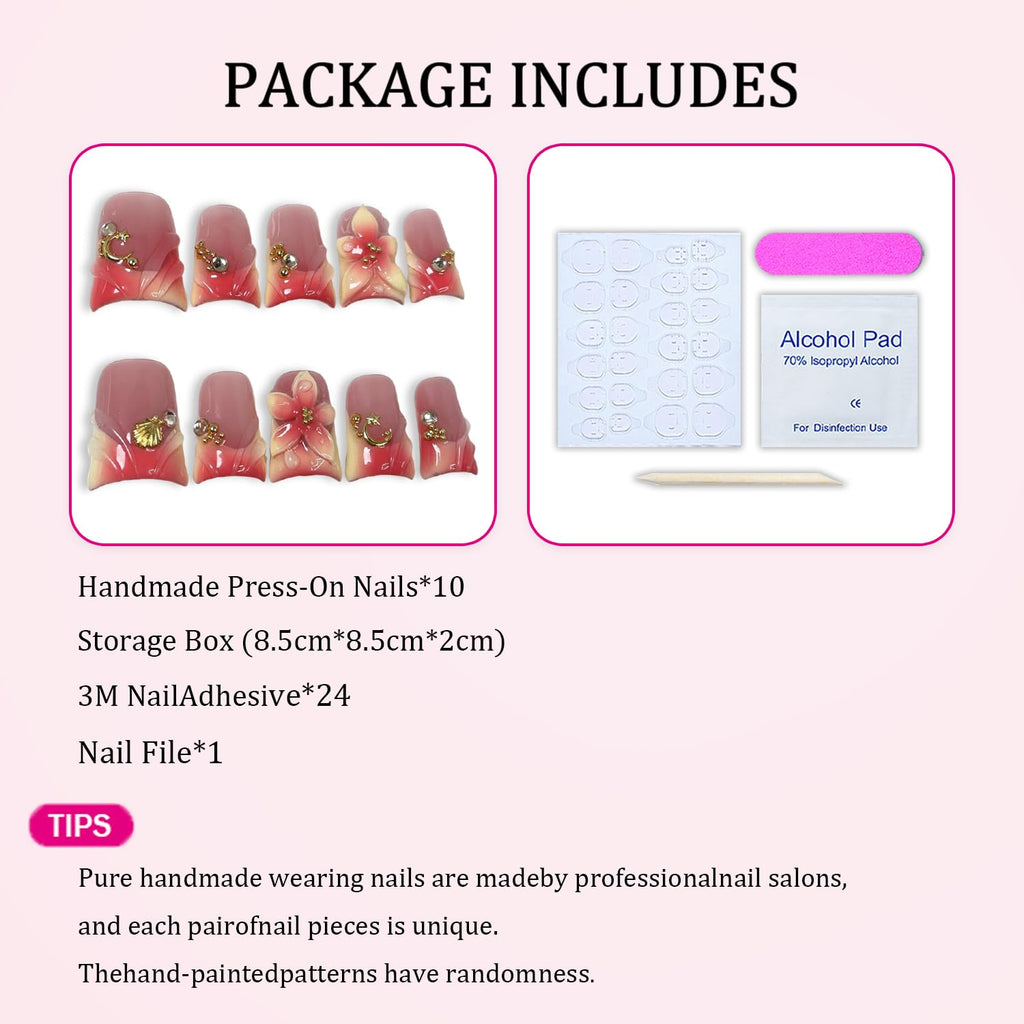 Handmade Press on Nails – Short Duck Nails with 3D Flower Art, Moon & Shell Design