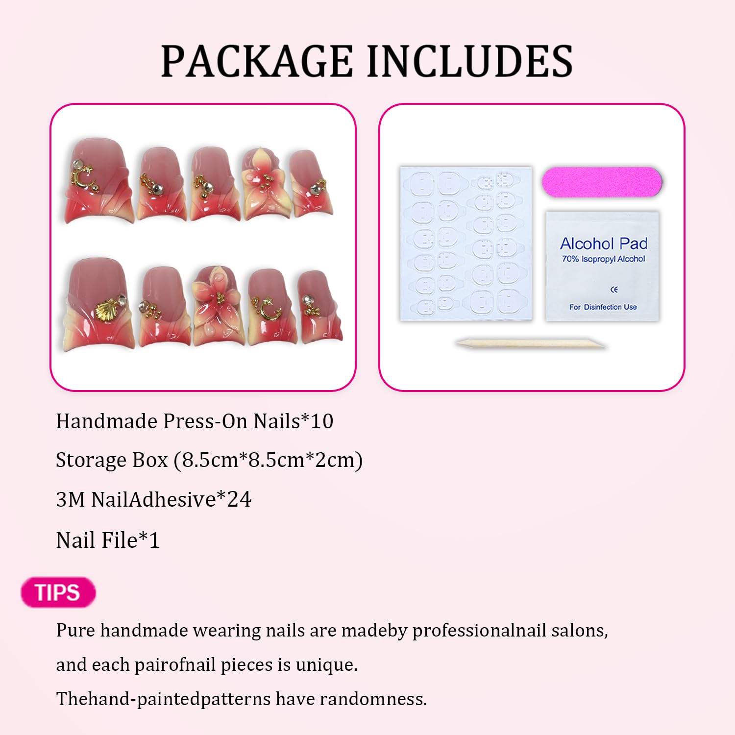 Handmade Press on Nails – Short Duck Nails with 3D Flower Art, Moon & Shell Design